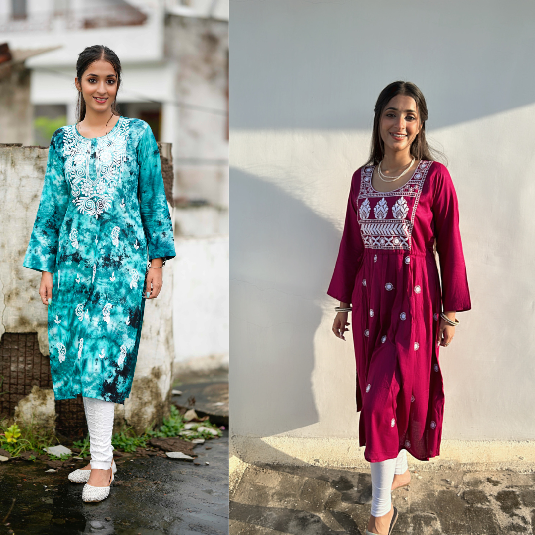 Sea Green & Maroon Chikankari Anarkali/Kurta Combo