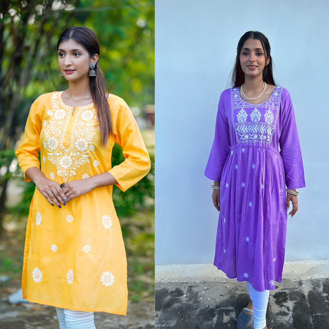 Yellow & Purple Chikankari Anarkali/Kurta Combo