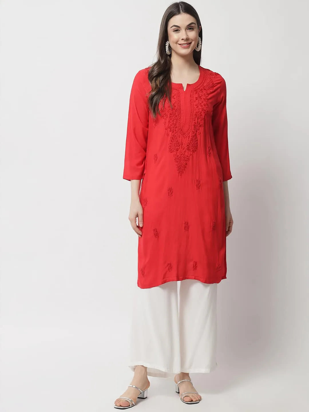 Hand Embroidered Chikankari Red Kurti