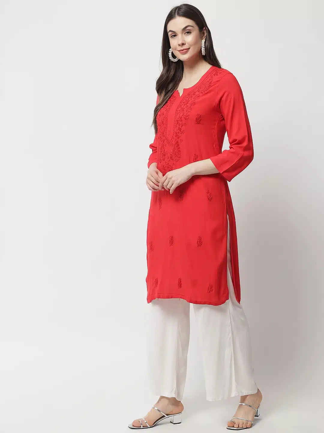 Hand Embroidered Chikankari Red Kurti