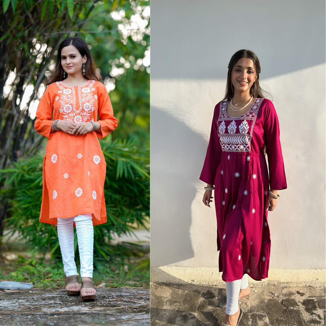 Orange & Maroon Chikankari Anarkali/Kurta Combo