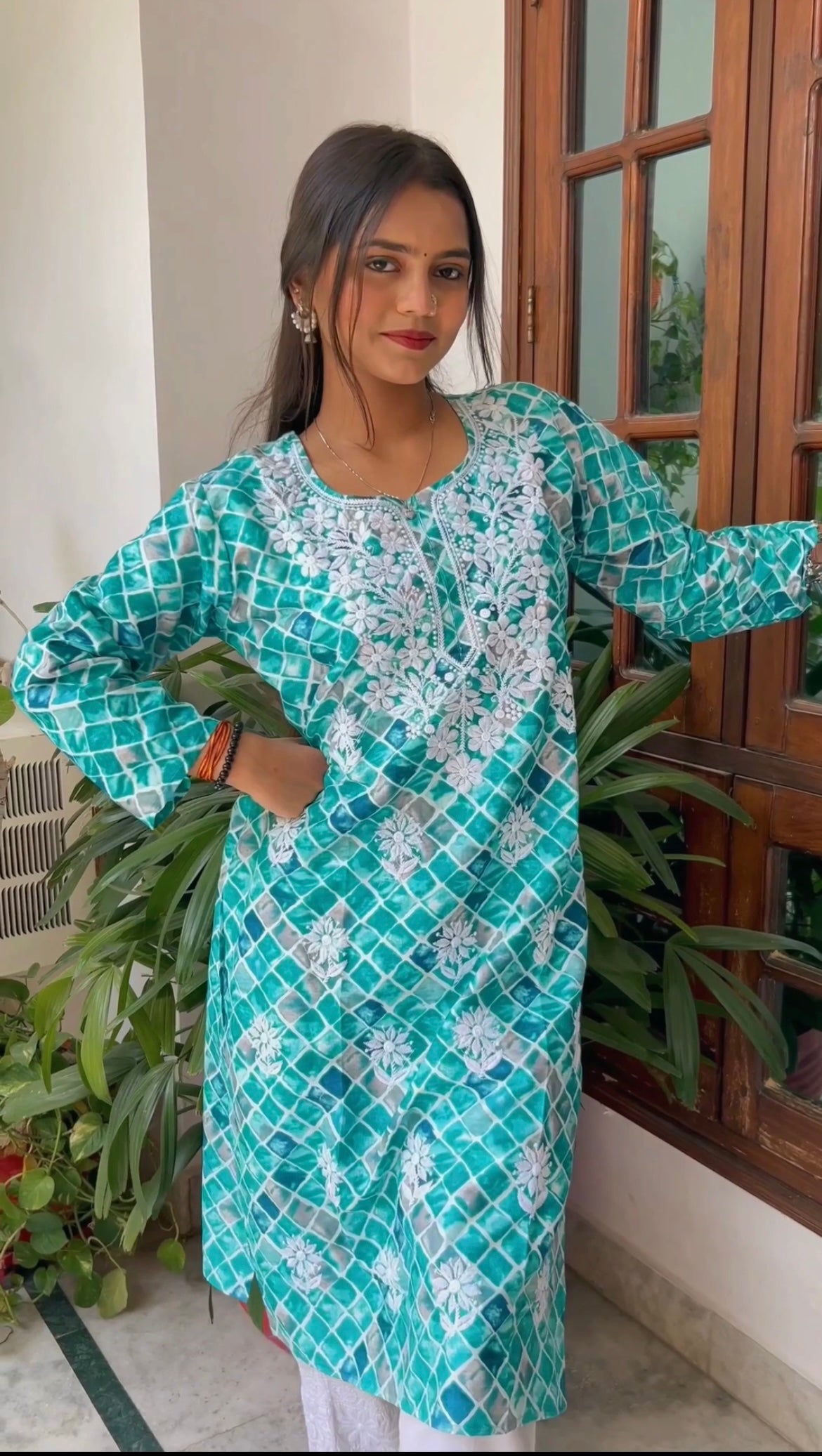 Sea Green Printed Chikankari Kurti