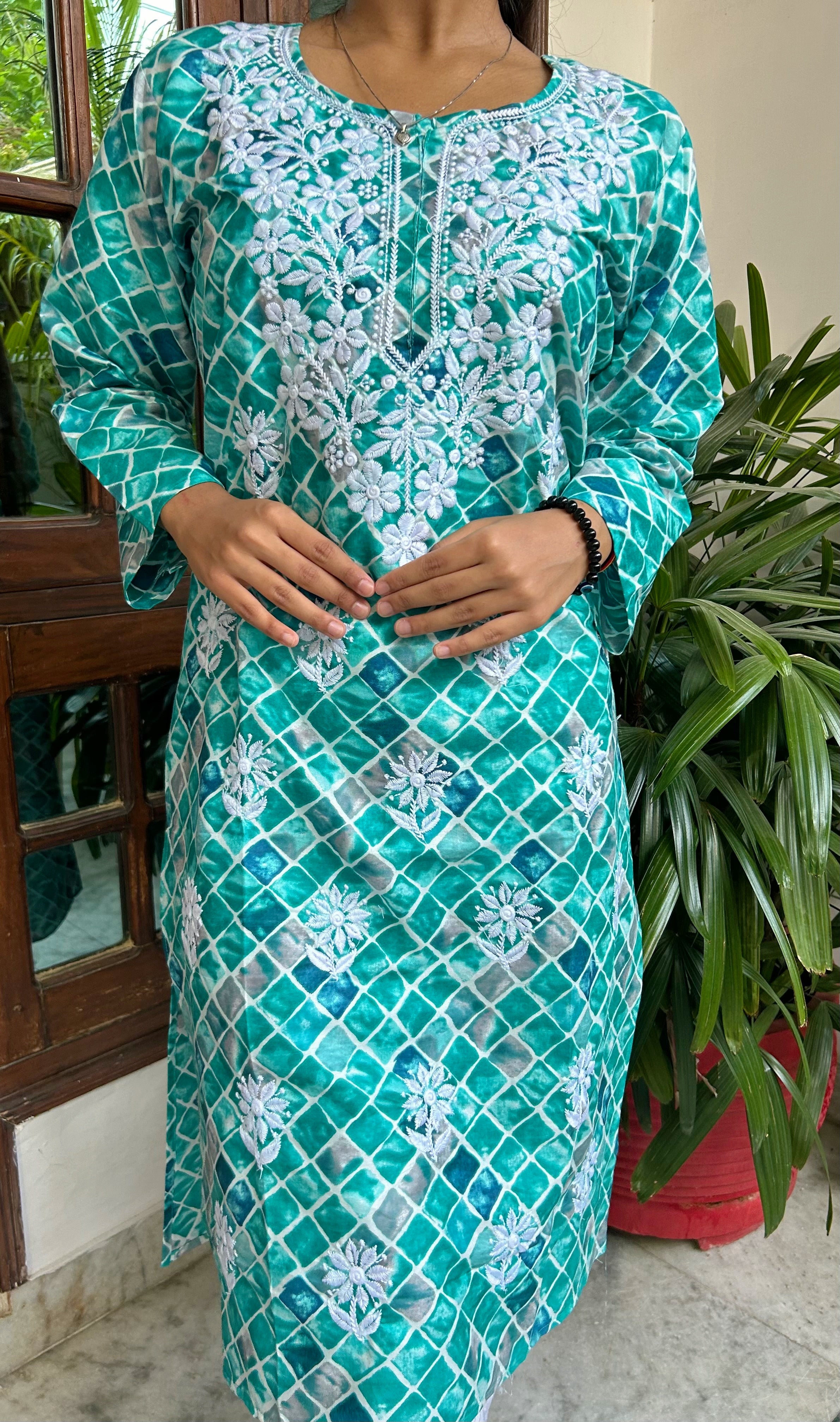 Sea Green Printed Chikankari Kurti