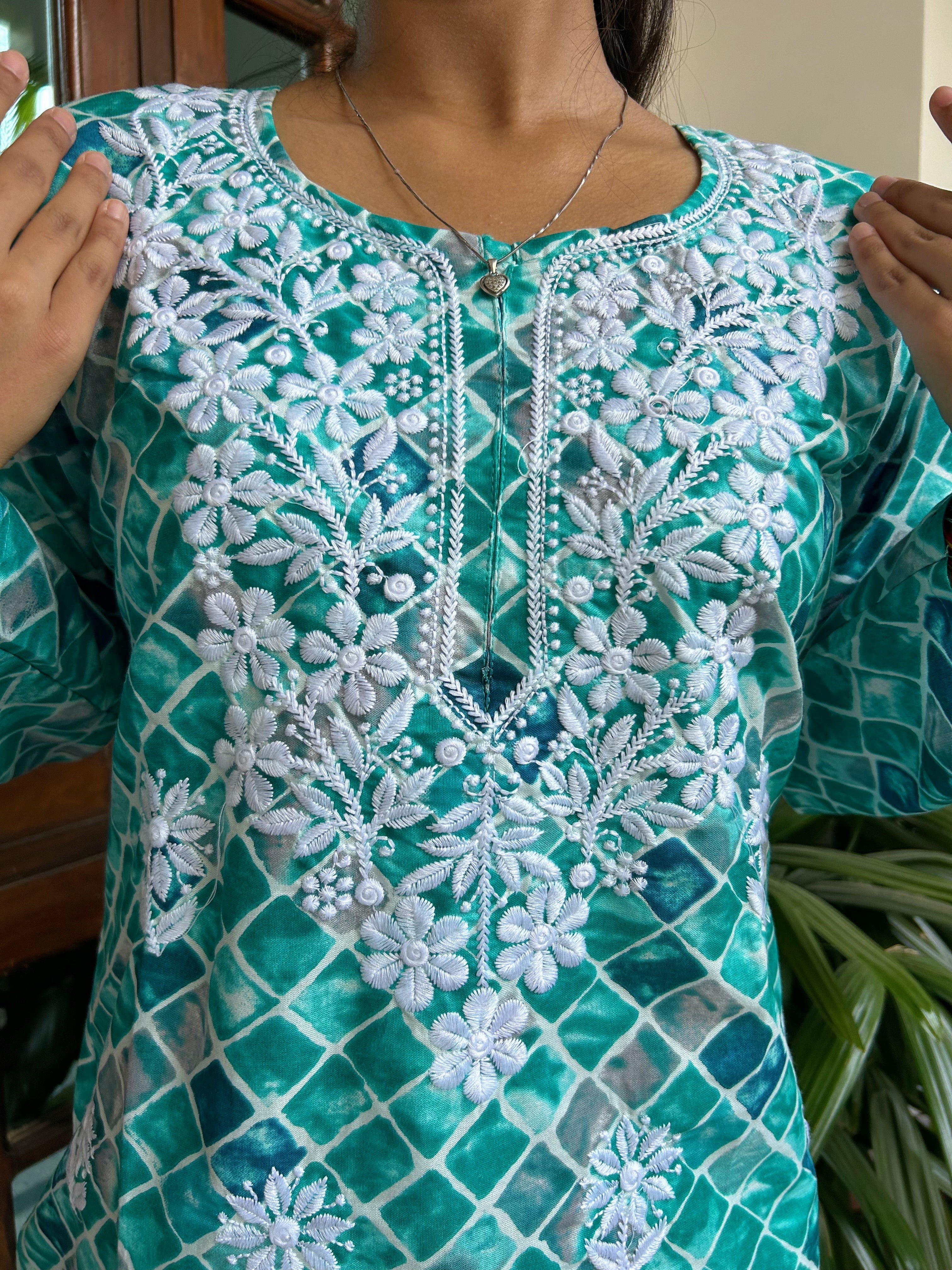 Sea Green Printed Chikankari Kurti