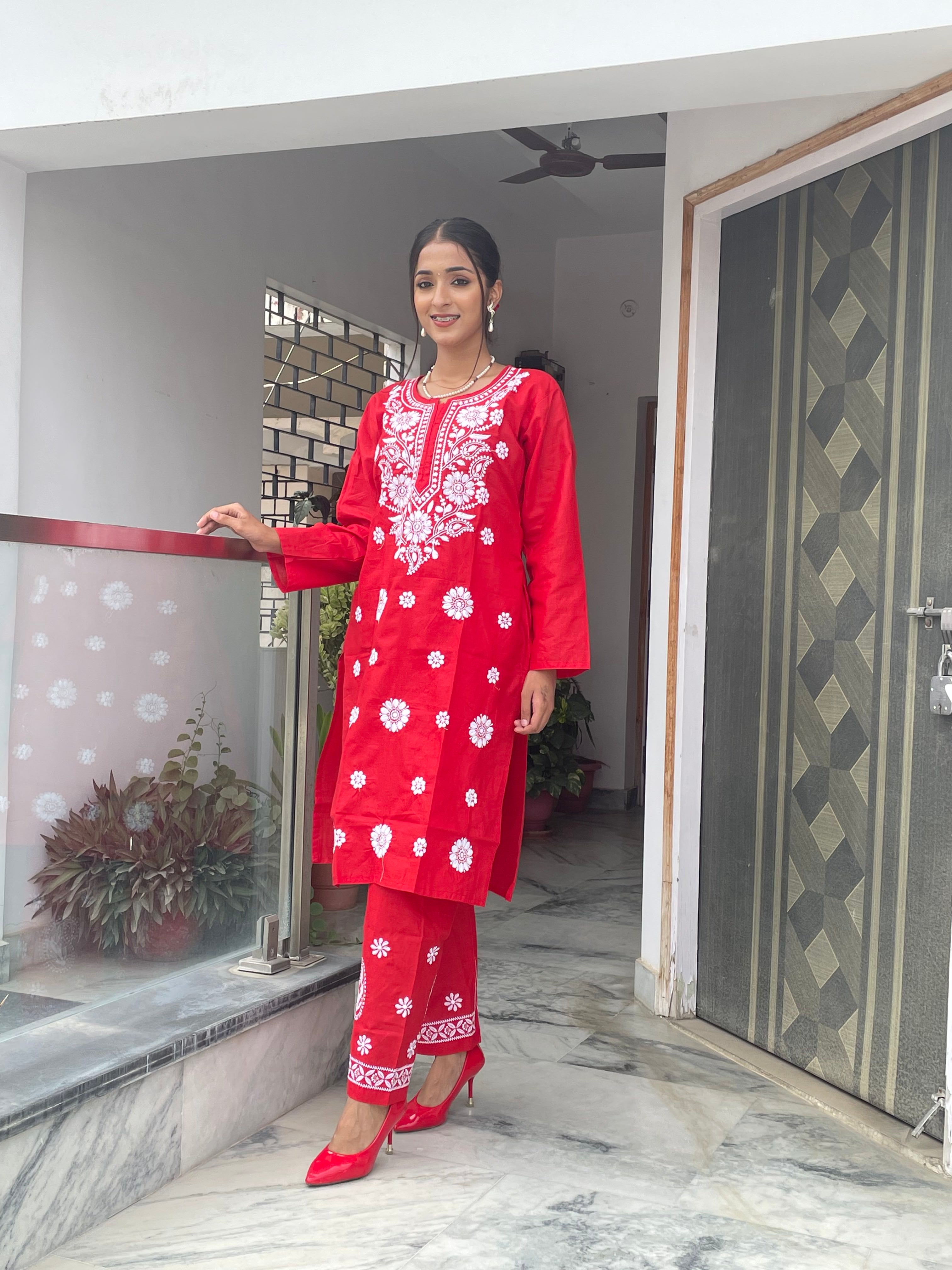 Luckhnavi Chikankari Red Sarvari Coord Set