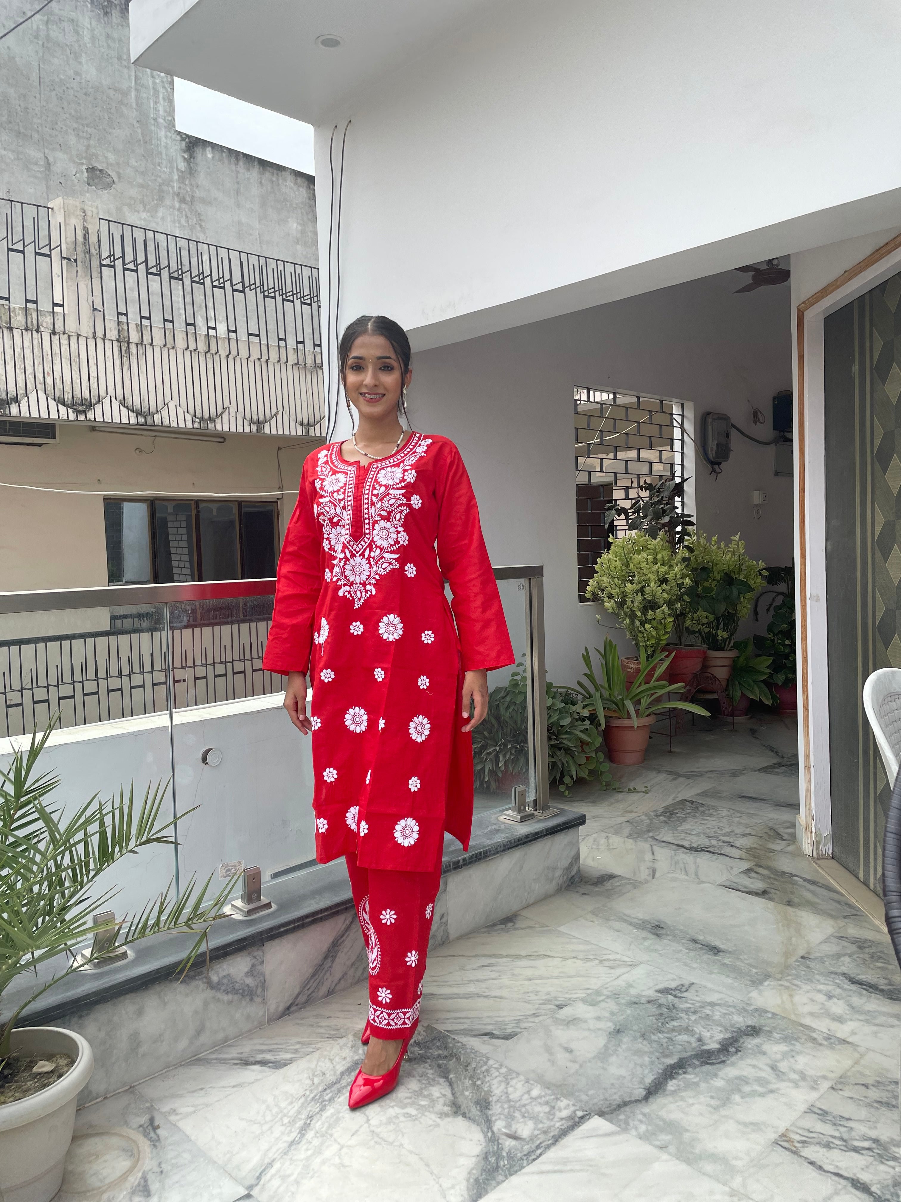 Luckhnavi Chikankari Red Sarvari Coord Set