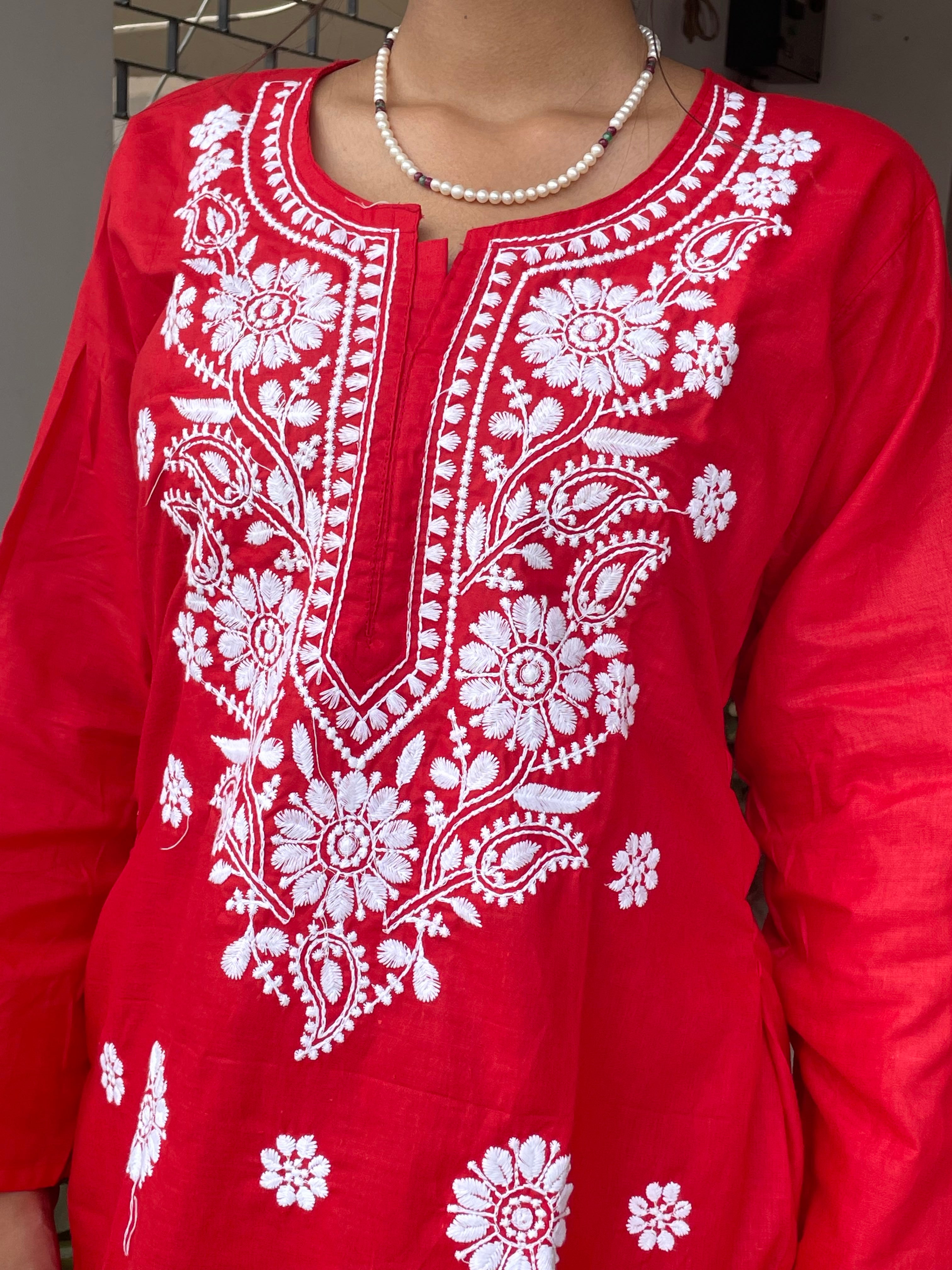 Luckhnavi Chikankari Red Sarvari Coord Set