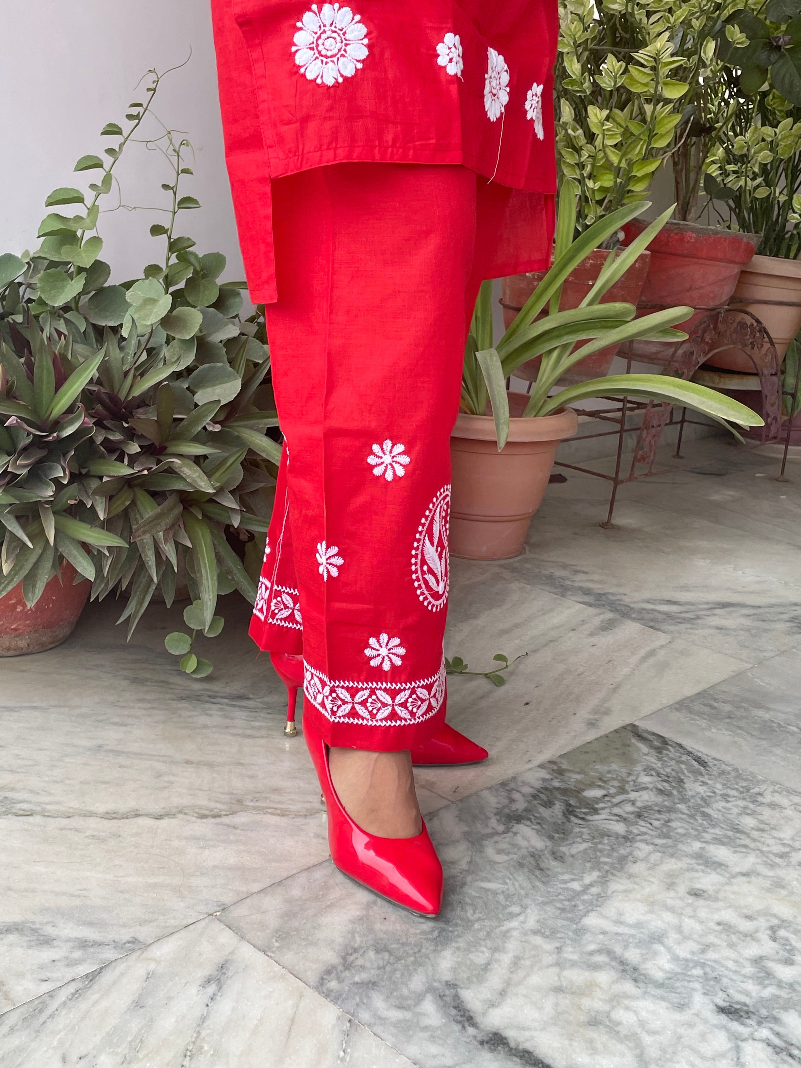 Luckhnavi Chikankari Red Sarvari Coord Set