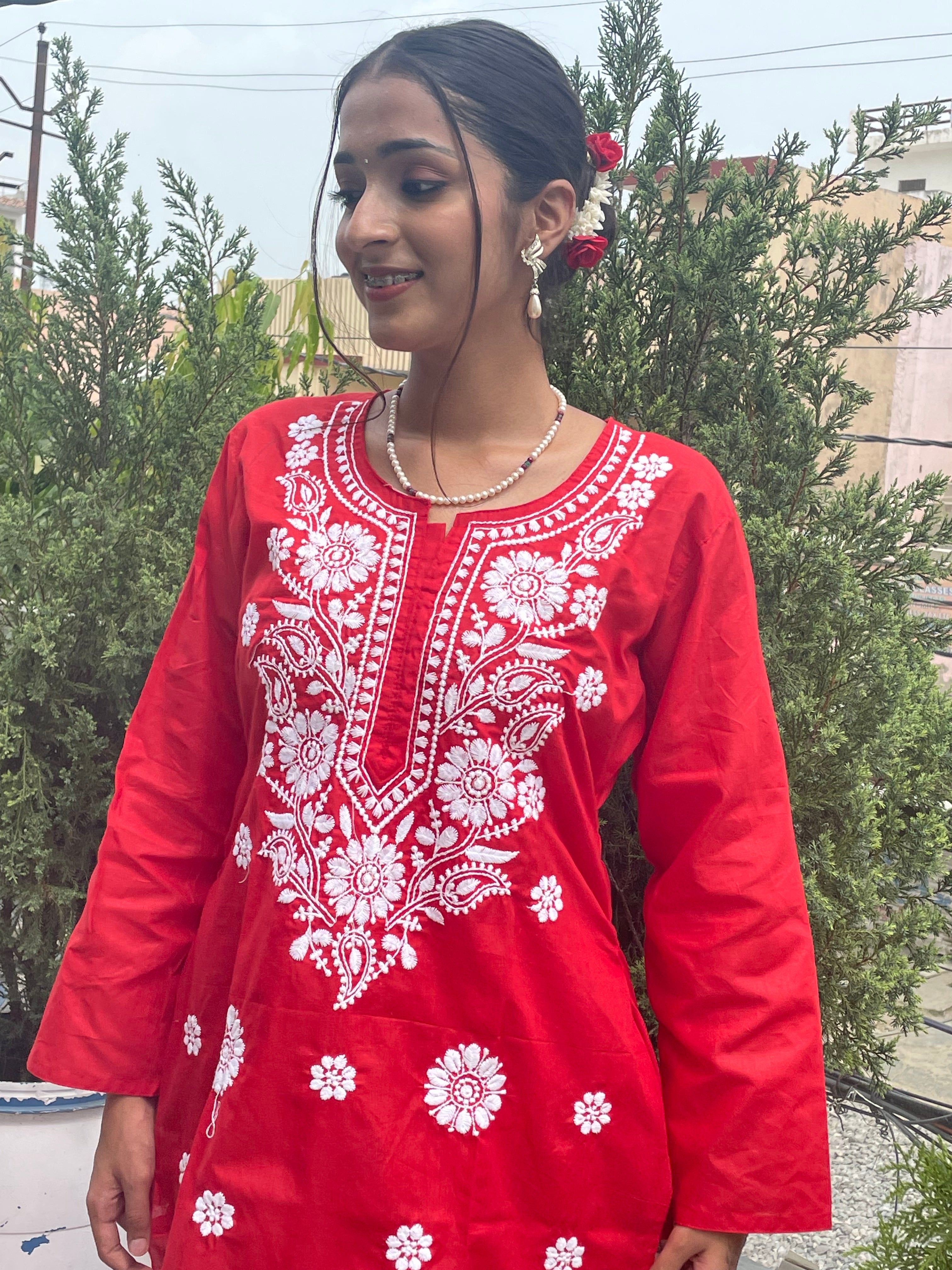 Luckhnavi Chikankari Red Sarvari Coord Set