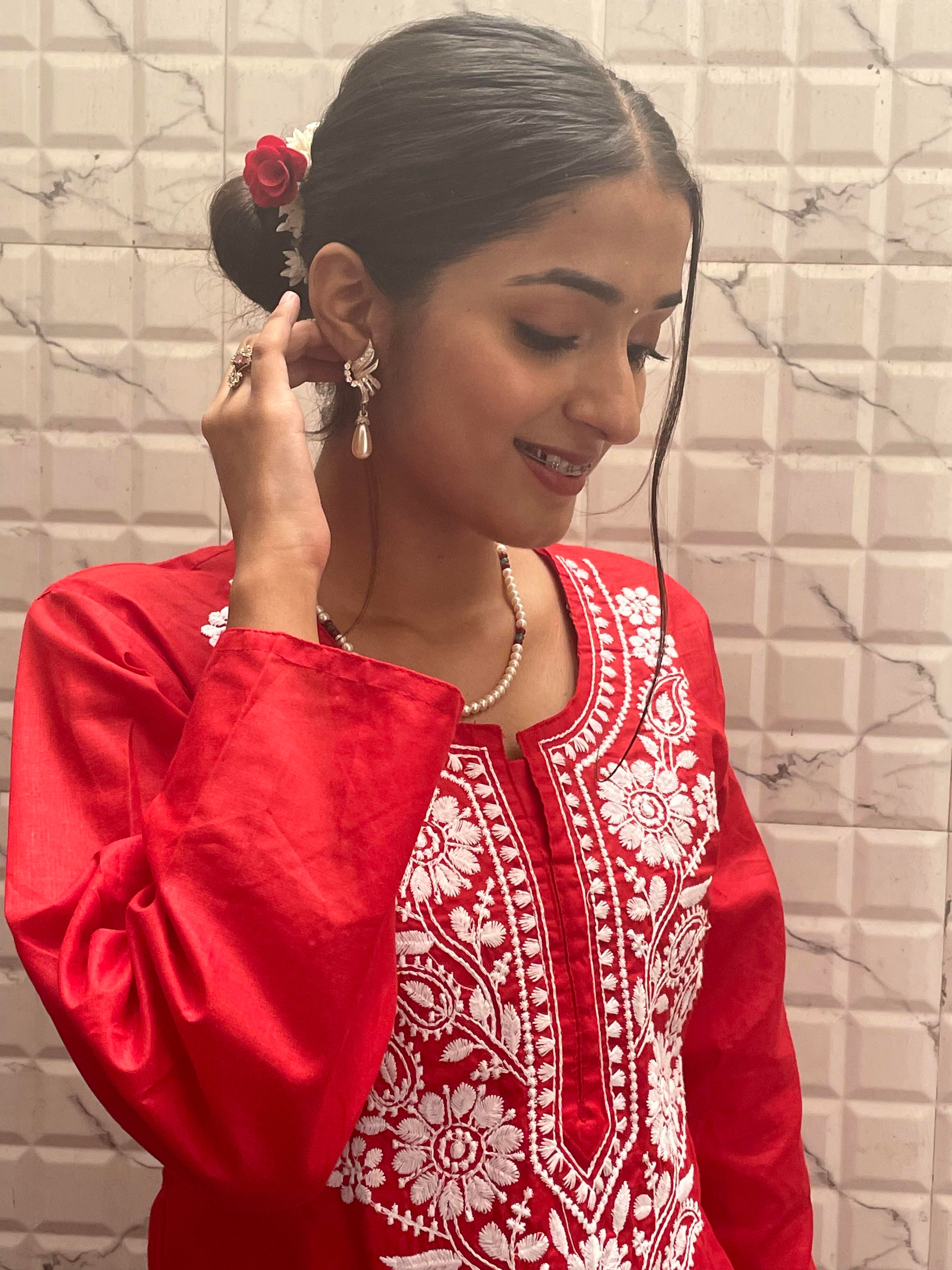 Luckhnavi Chikankari Red Sarvari Coord Set