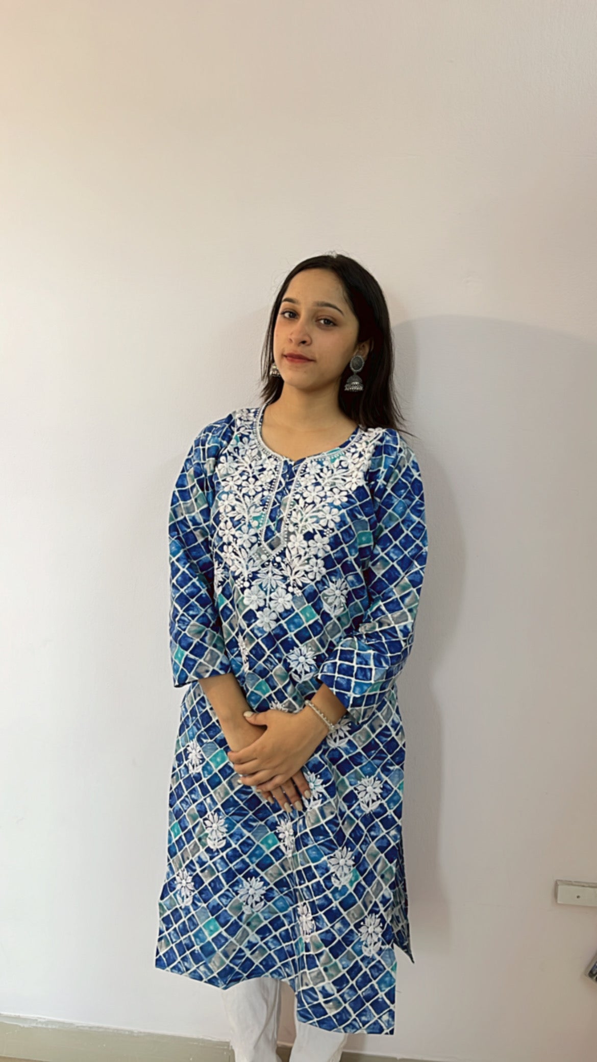 Azure Blue Printed Chikankari Kurti