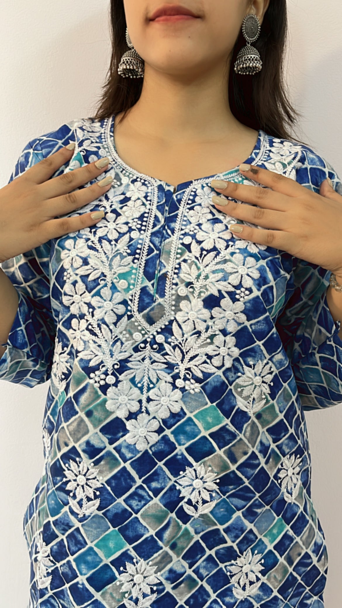 Azure Blue Printed Chikankari Kurti