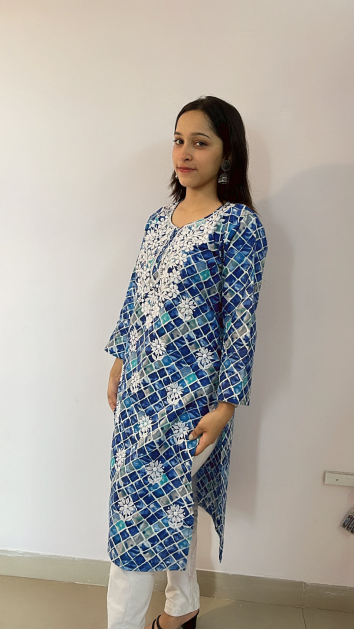 Azure Blue Printed Chikankari Kurti