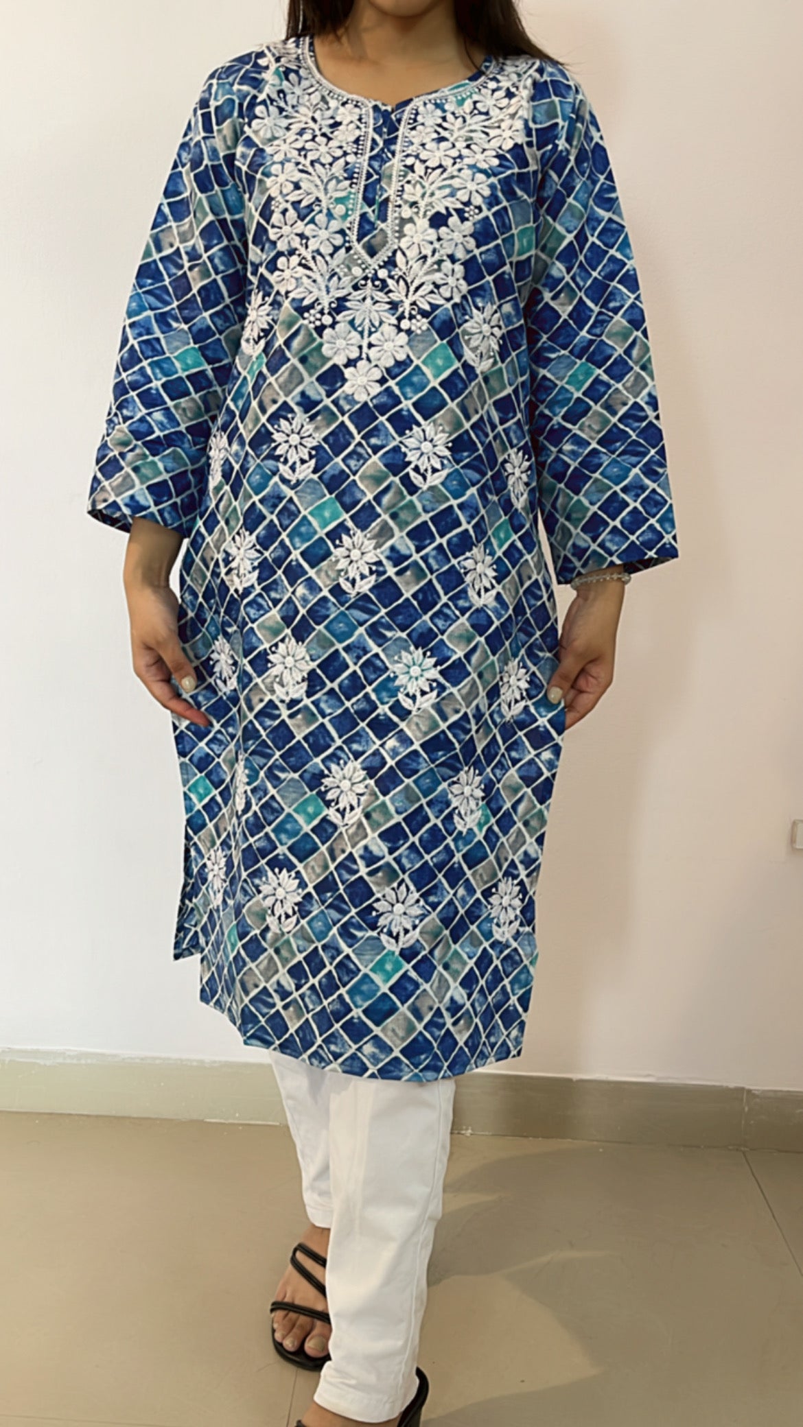 Azure Blue Printed Chikankari Kurti