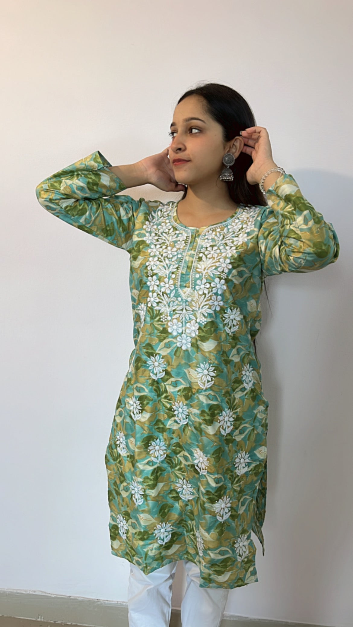 Green Printed Chikankari Kurti