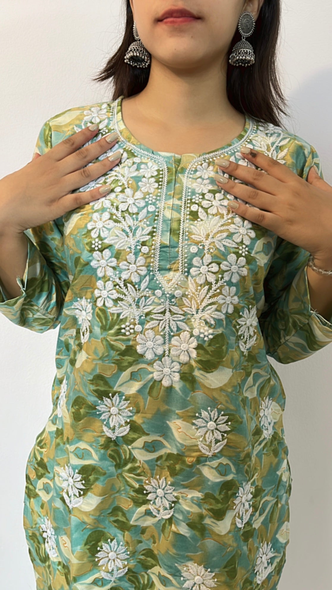 Green Printed Chikankari Kurti