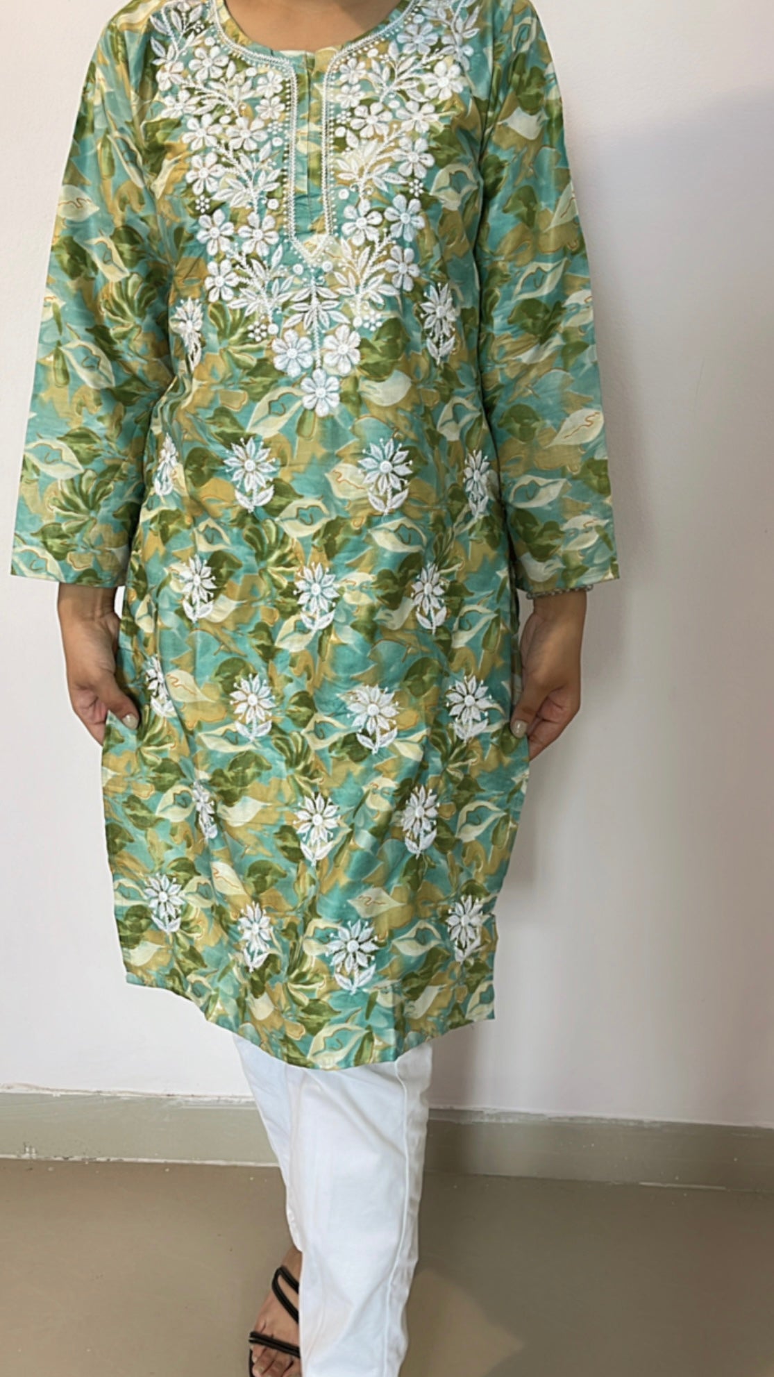 Green Printed Chikankari Kurti