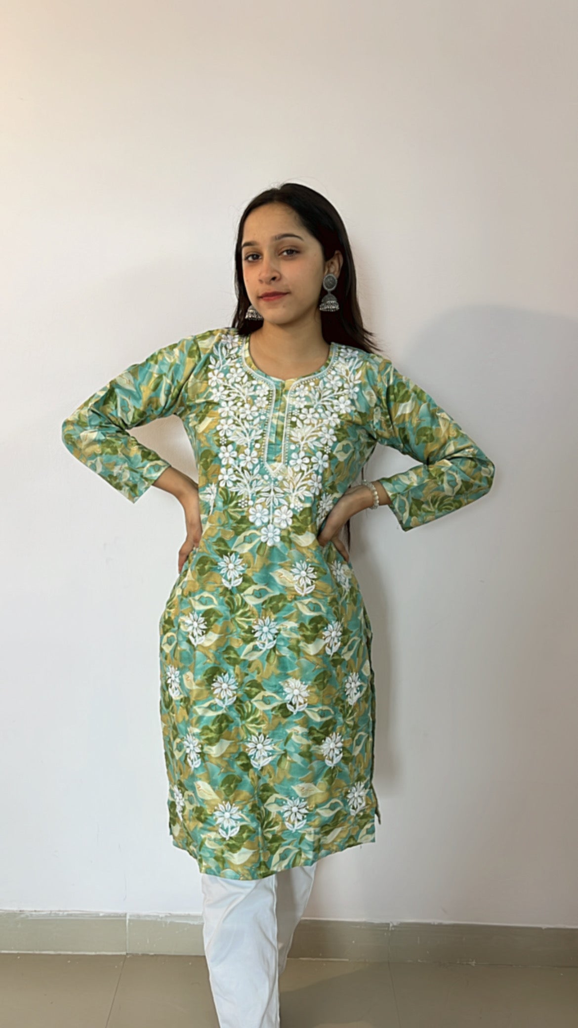 Green Printed Chikankari Kurti