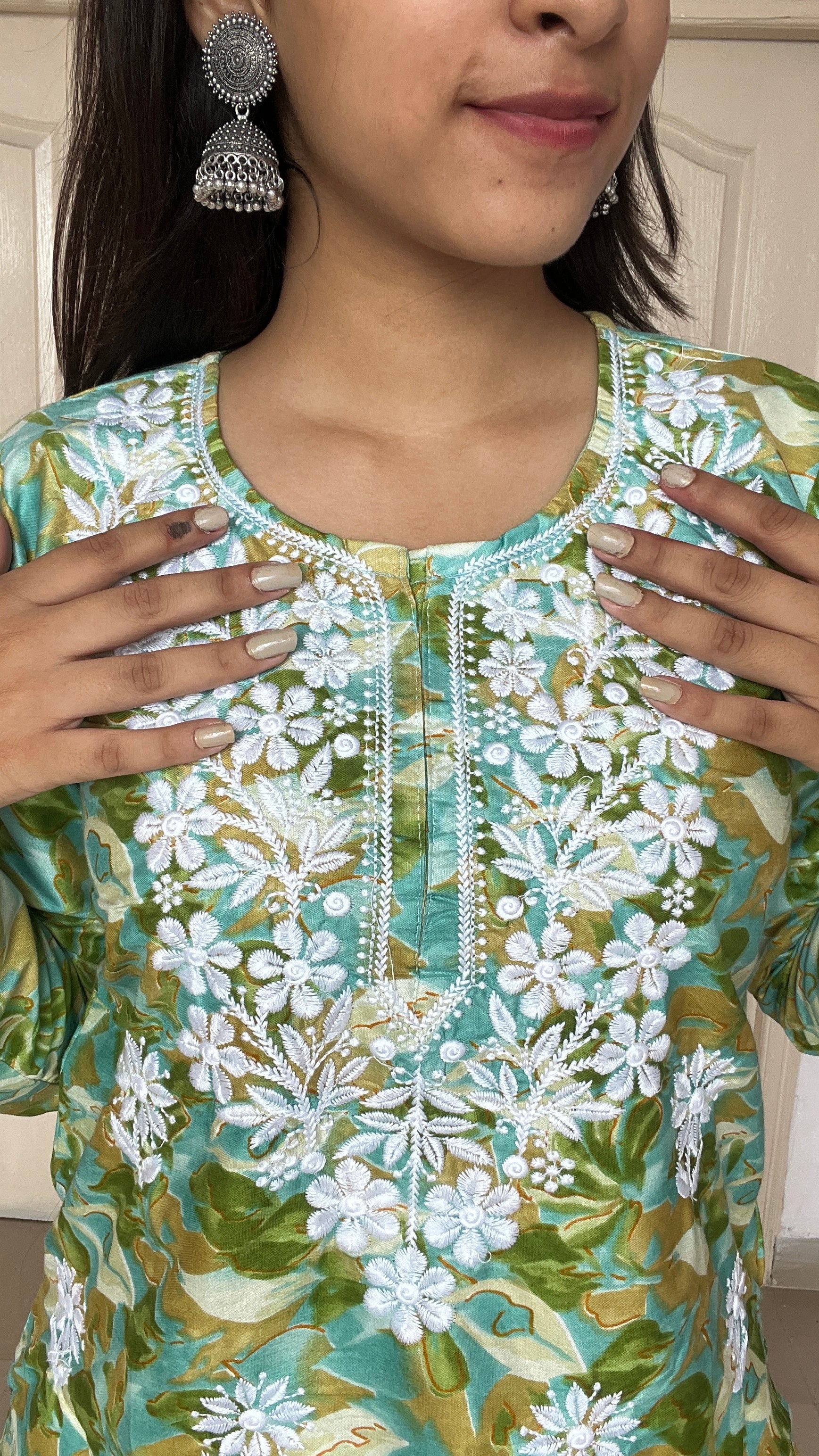 Green Printed Chikankari Kurti