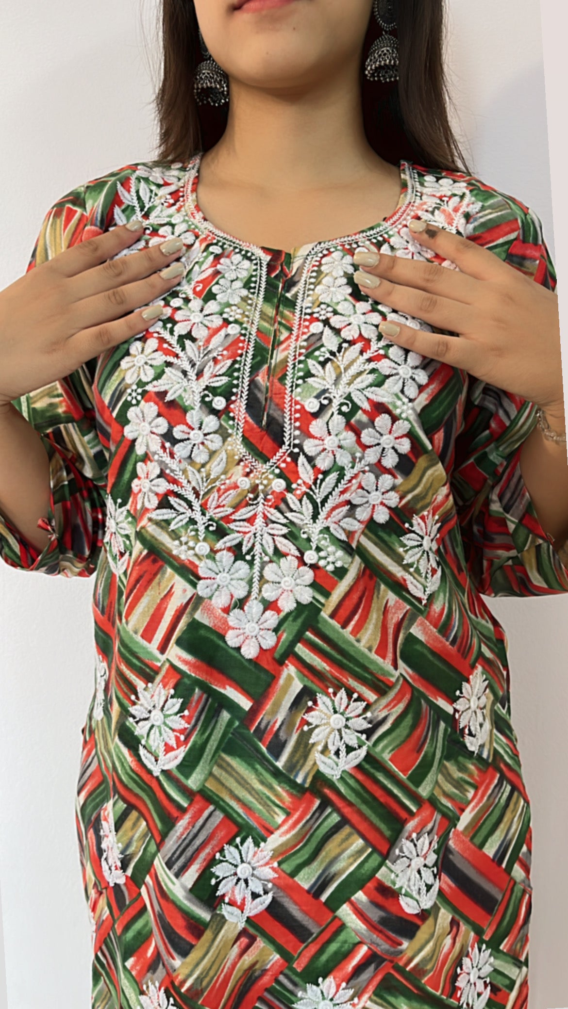 Carmine Printed Pattern Chikankari Kurti