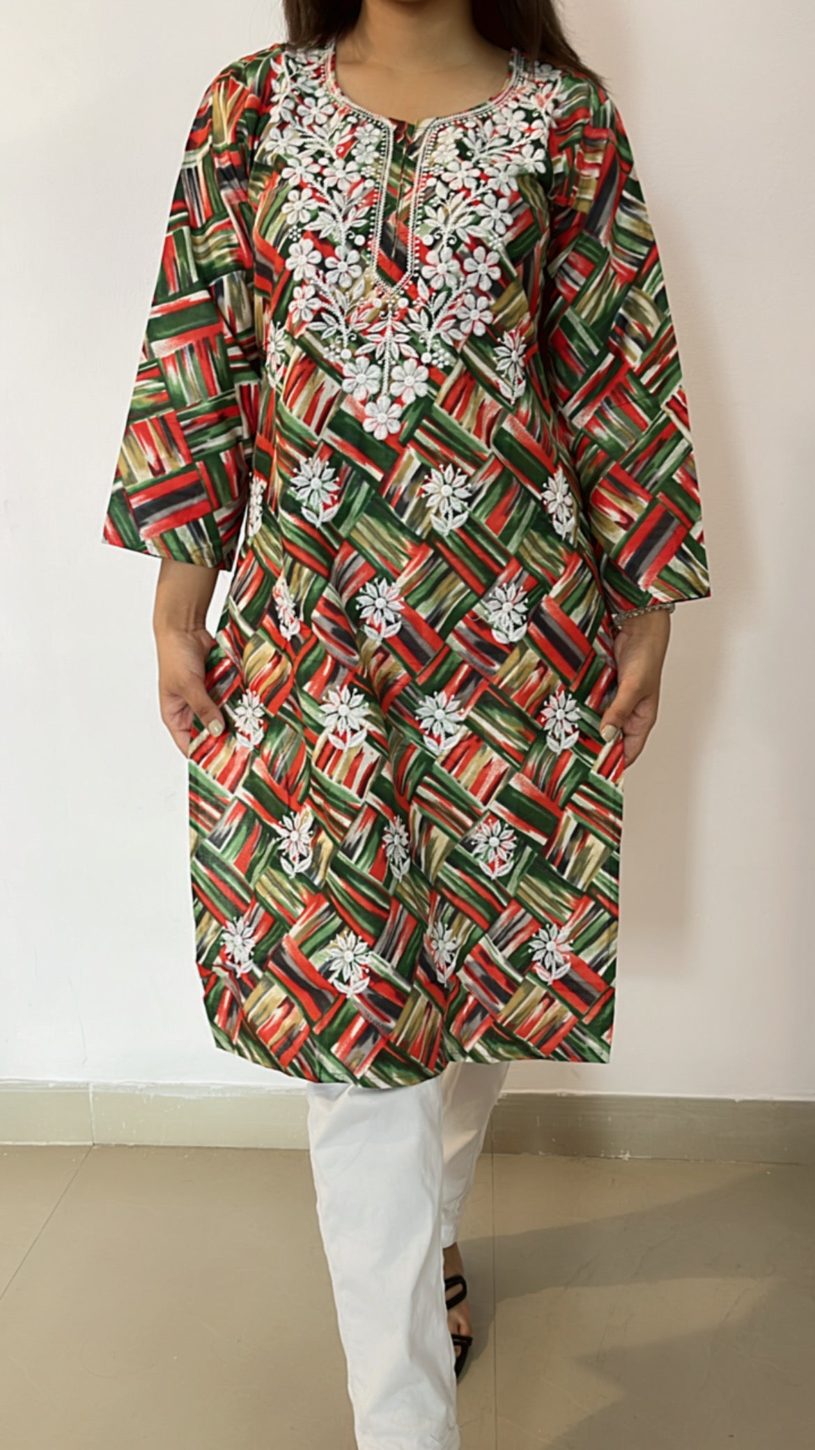 Carmine Printed Pattern Chikankari Kurti