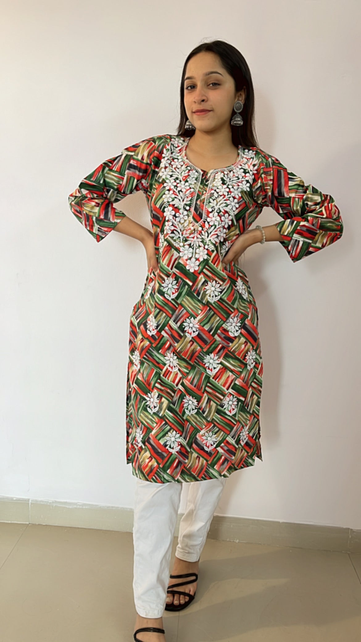 Carmine Printed Pattern Chikankari Kurti