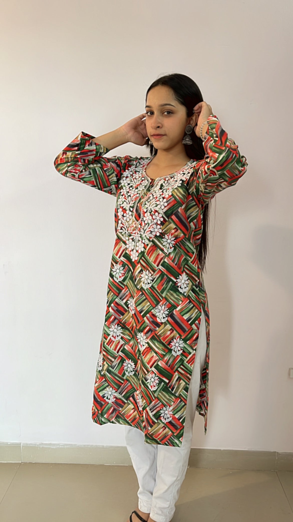 Carmine Printed Pattern Chikankari Kurti