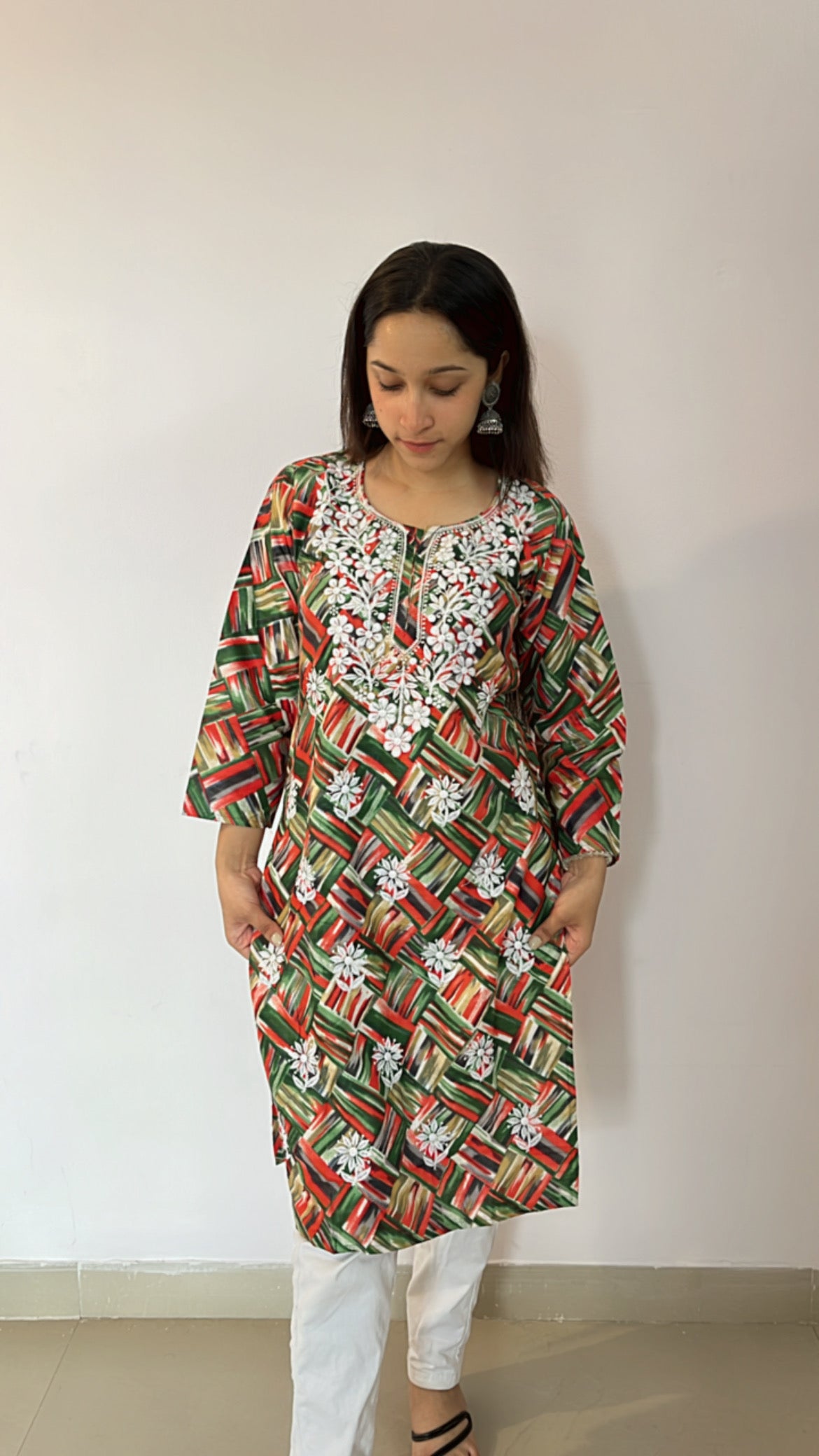 Carmine Printed Pattern Chikankari Kurti