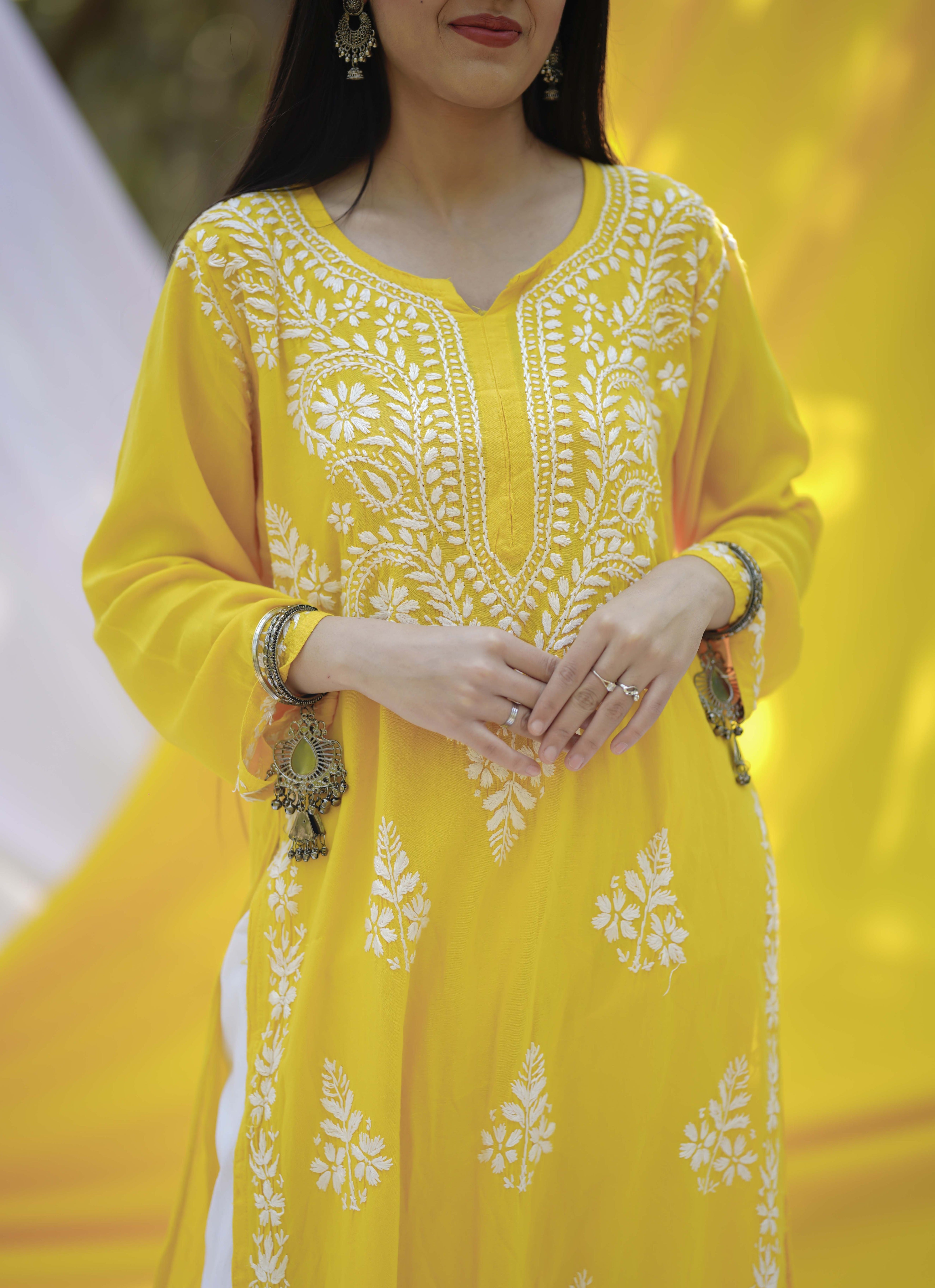 Dark Yellow Embroidered Chikankari Kurta