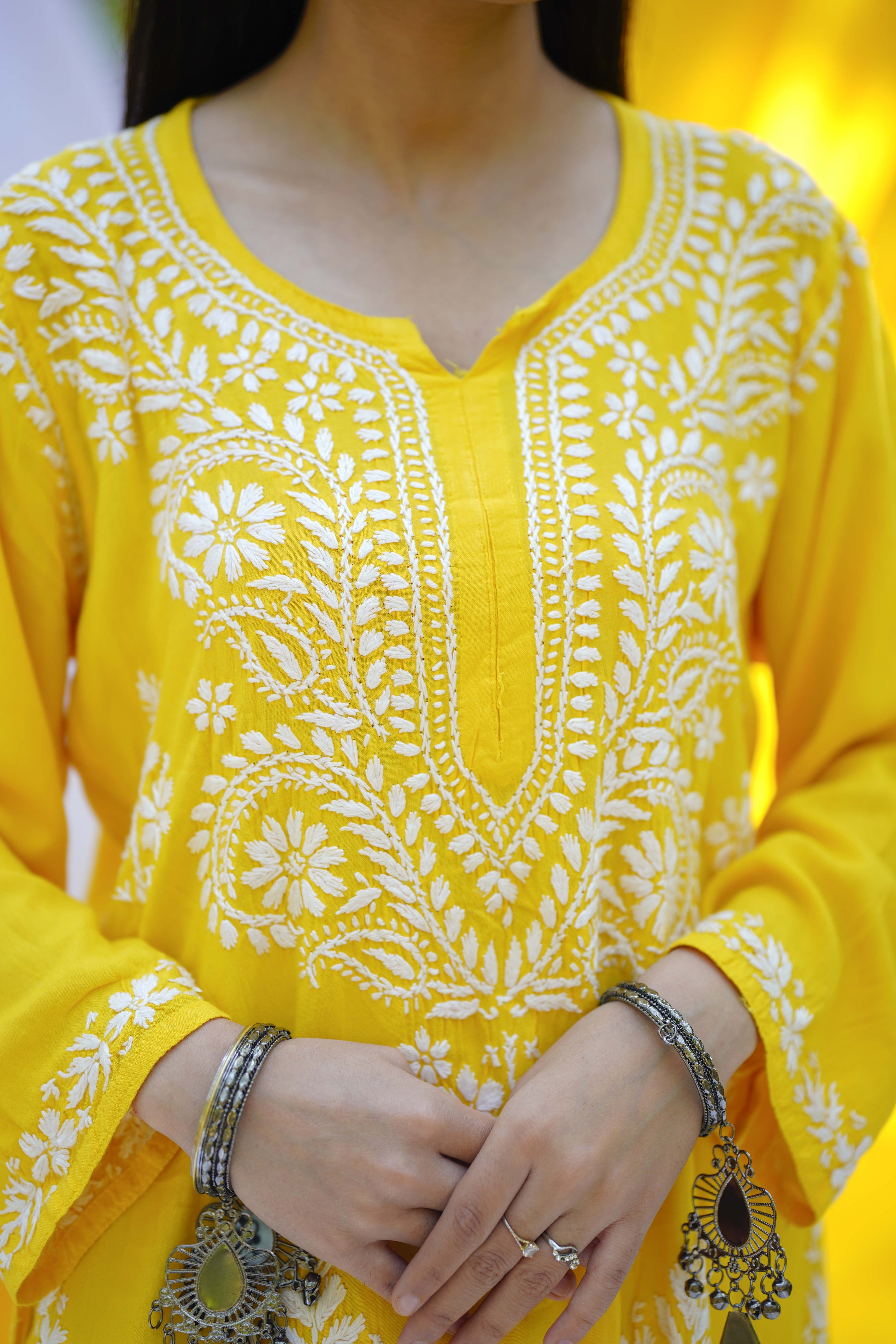 Dark Yellow Hand Embroidered Chikankari Kurta