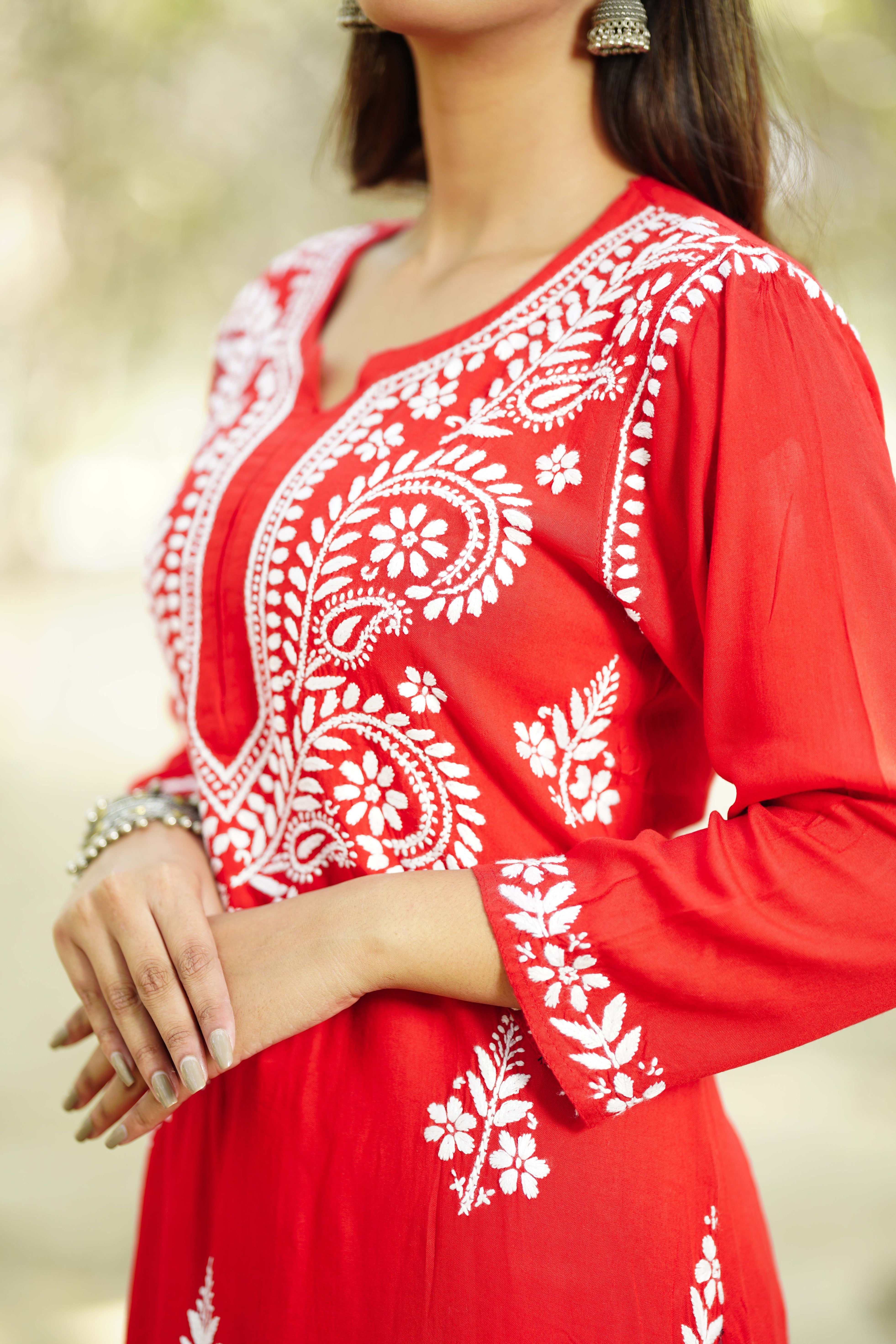 Crimson Red Embroidered Chikankari Kurta