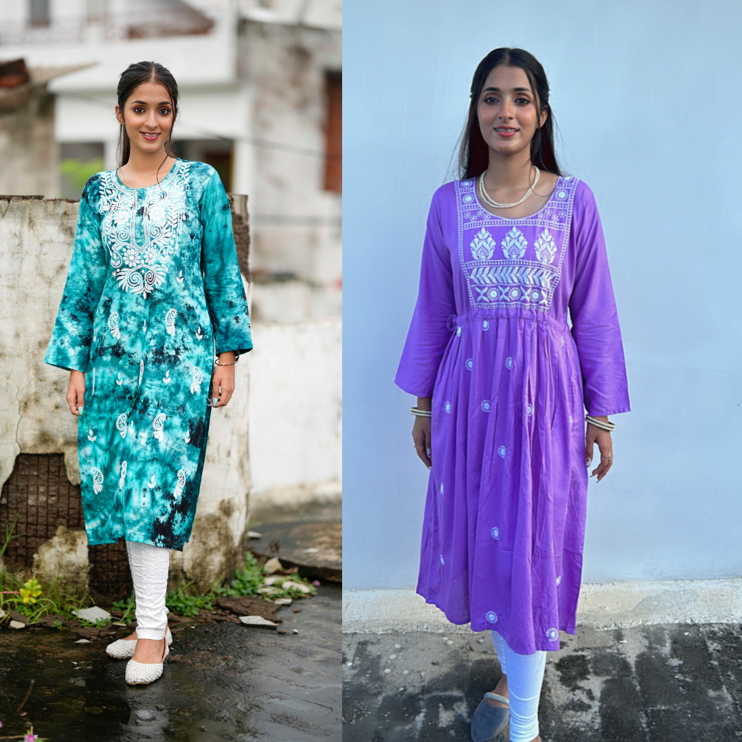 Purple & Sea Green Chikankari Anarkali/Kurta Combo