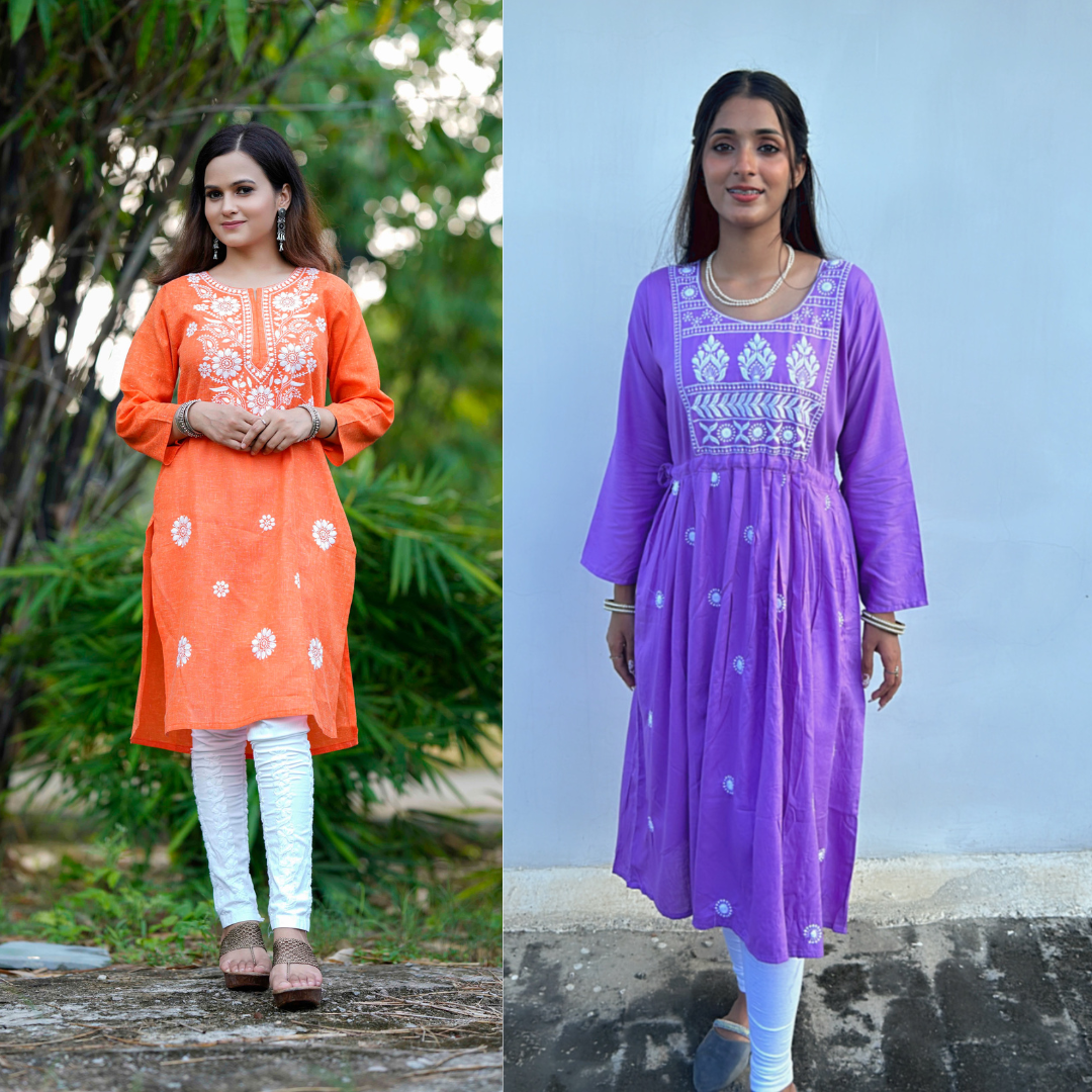 Purple & Orange Chikankari Anarkali/Kurta Combo