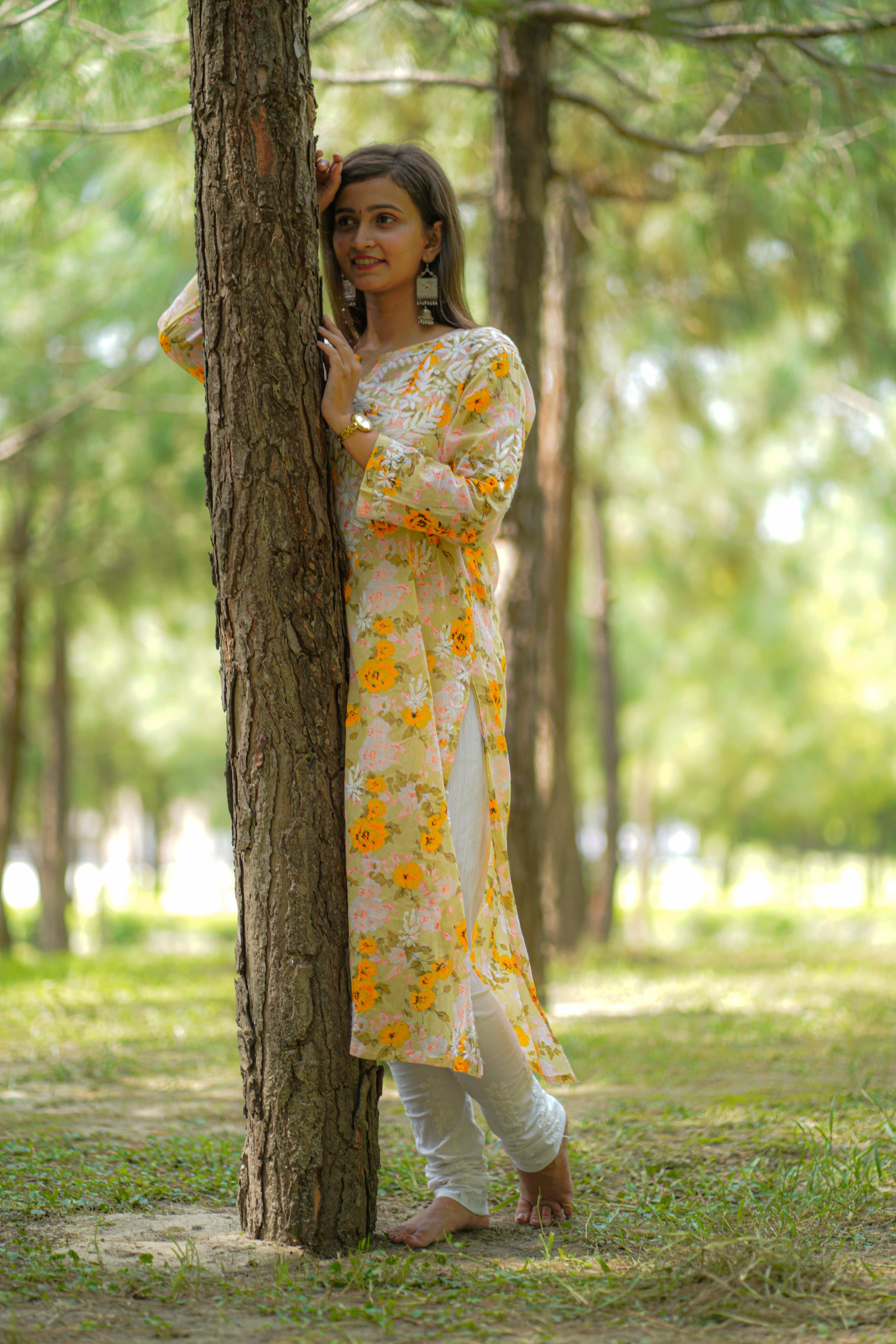 Printed MulMul Kurta with Heavy Chikankari