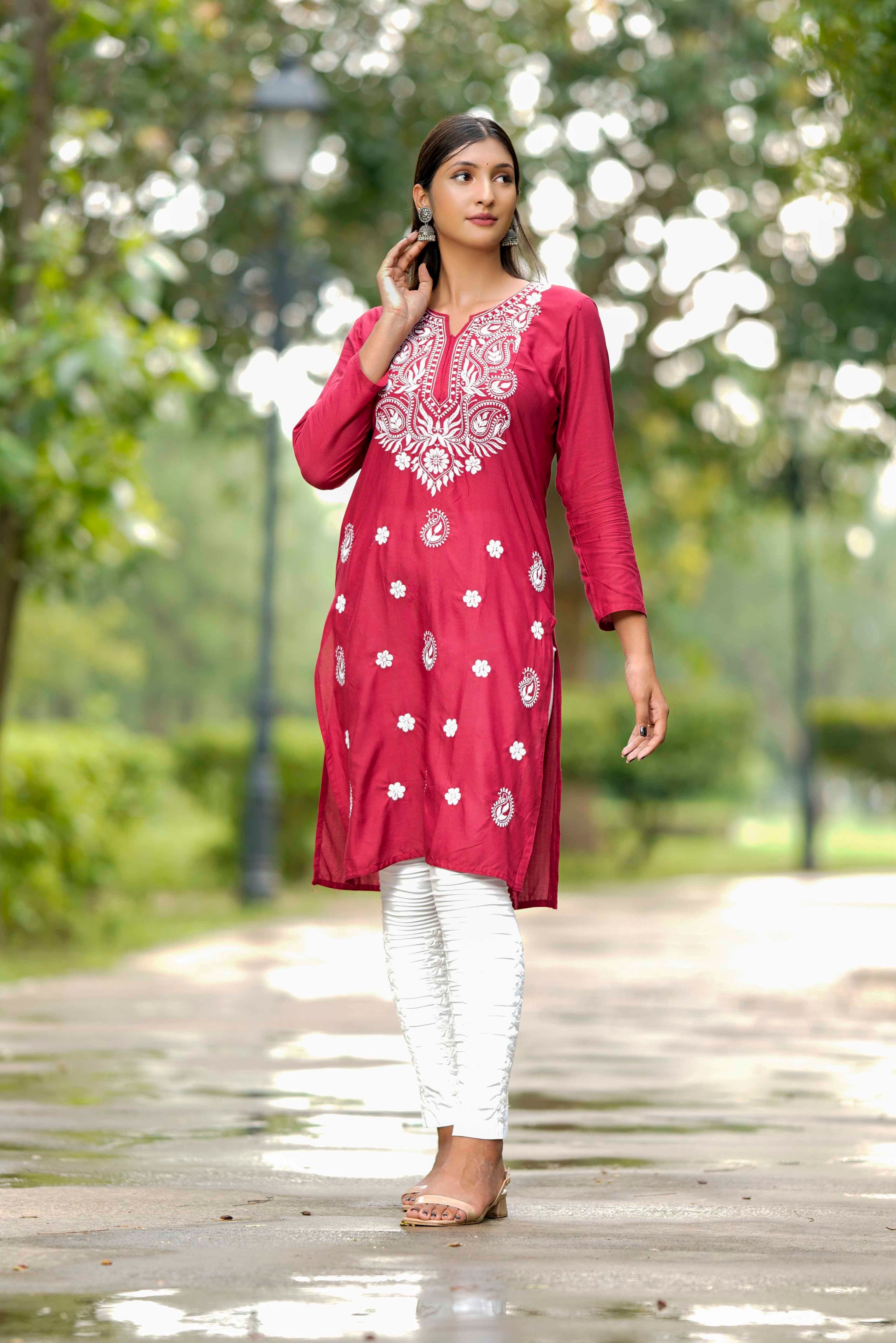 CLARET RED LUCKHNAVI CHIKANKARI Straight KURTI