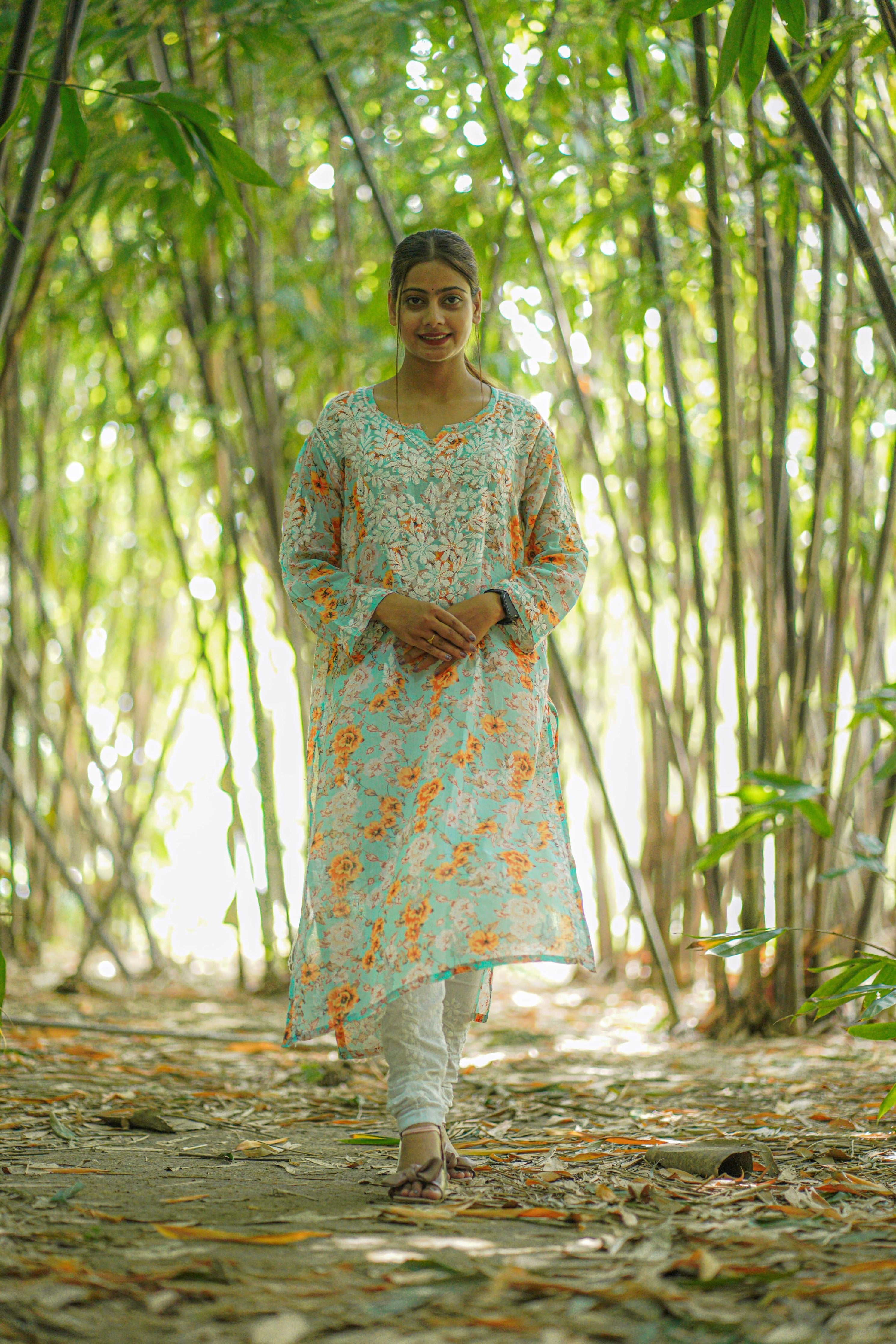 Printed MulMul Kurta with Heavy Chikankari