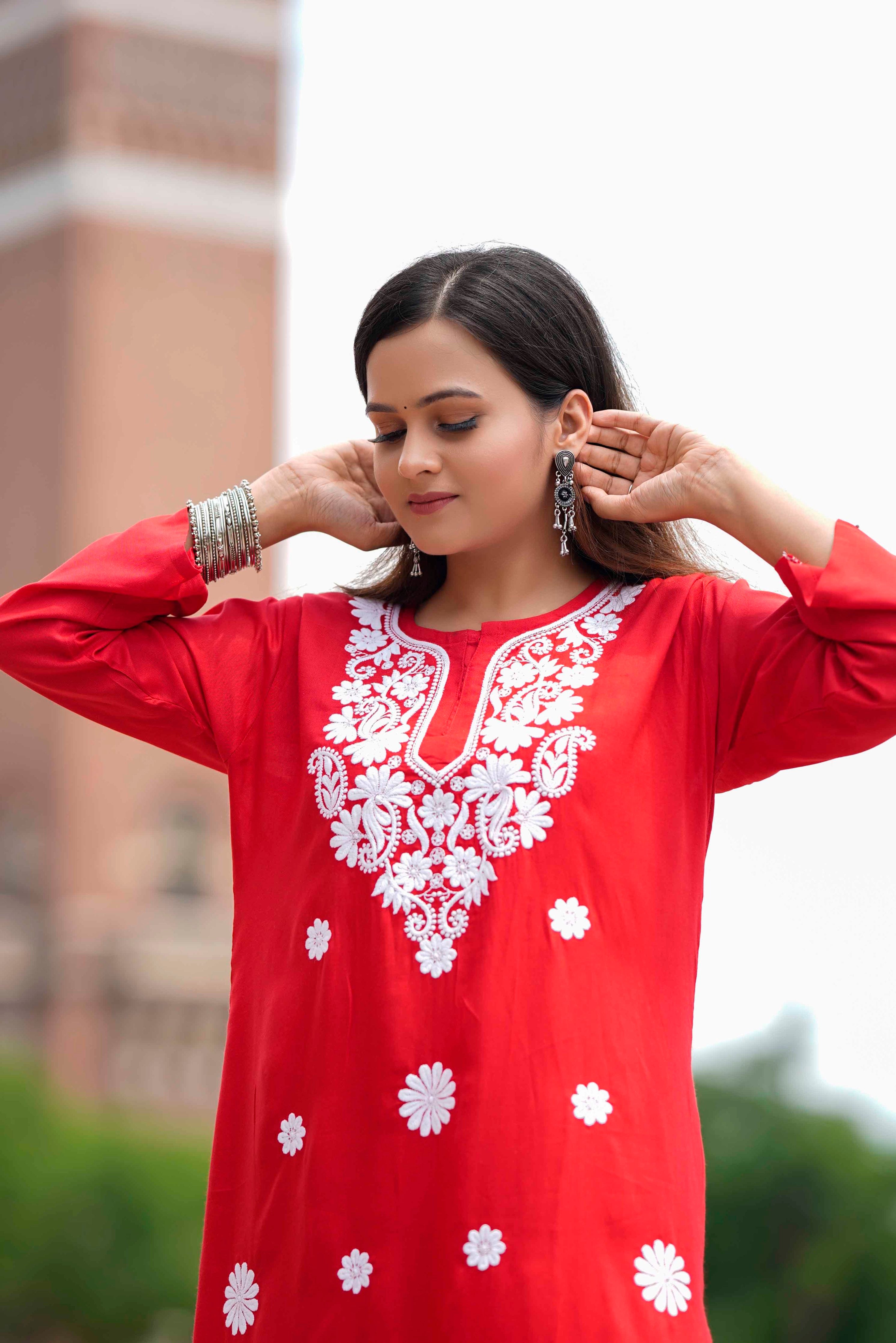 RUBY RED CHIKANKARI MODAL CO-ORD SET