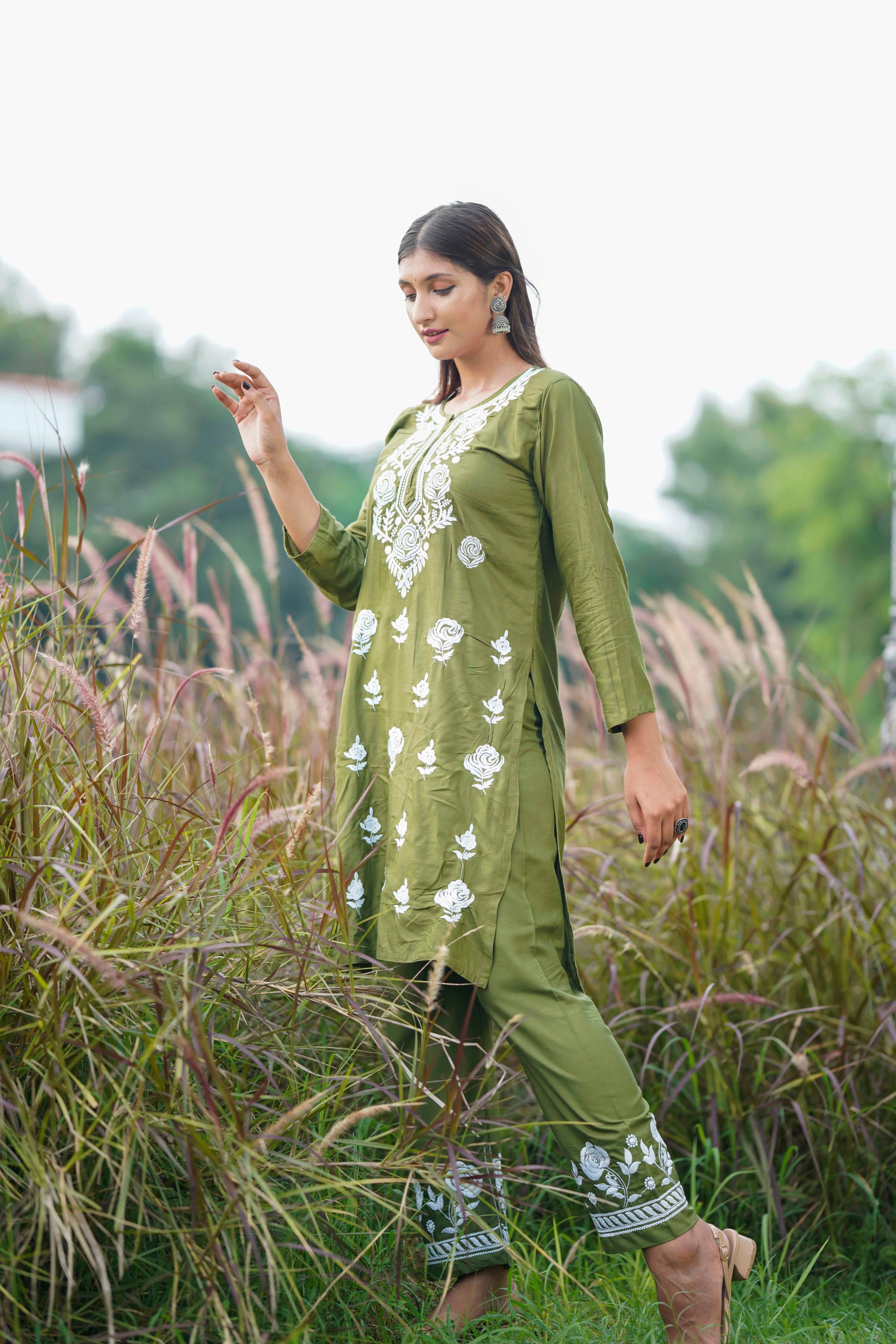 OLIVE GREEN CHIKANKARI CO-ORD SET