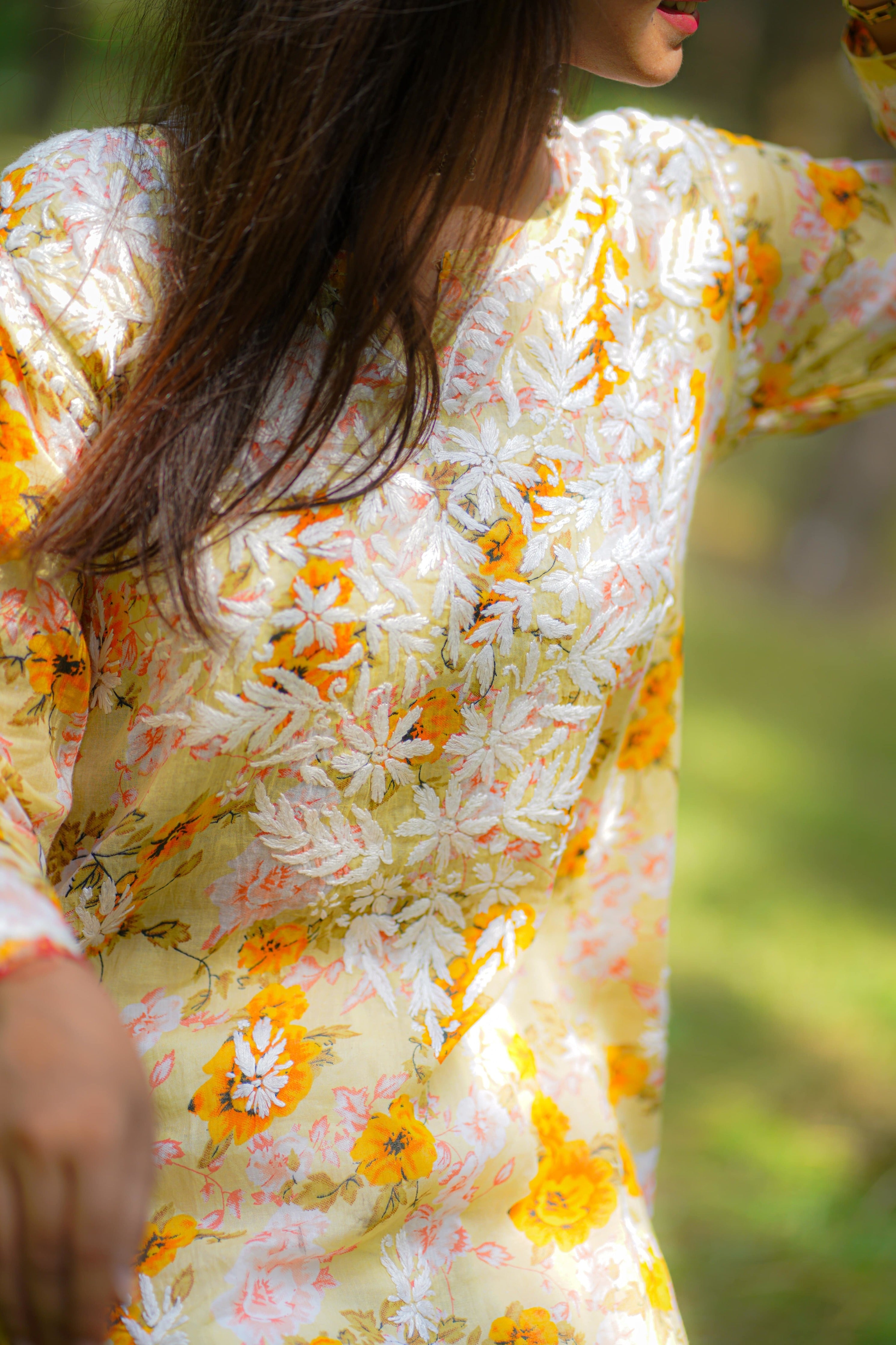 Yellow MulMul Kurta with Heavy Chikankari