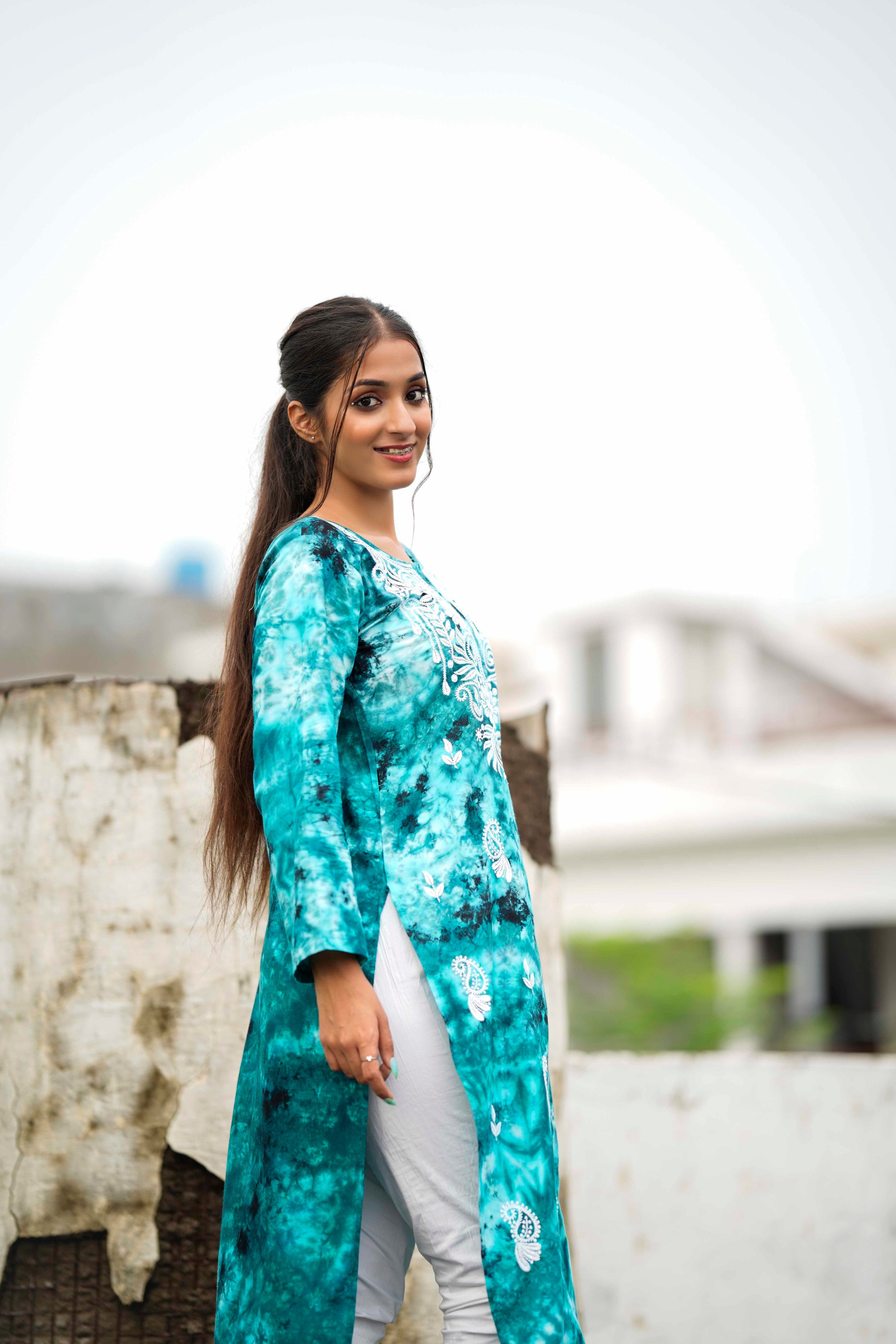 Sea Green & Maroon Chikankari Anarkali/Kurta Combo