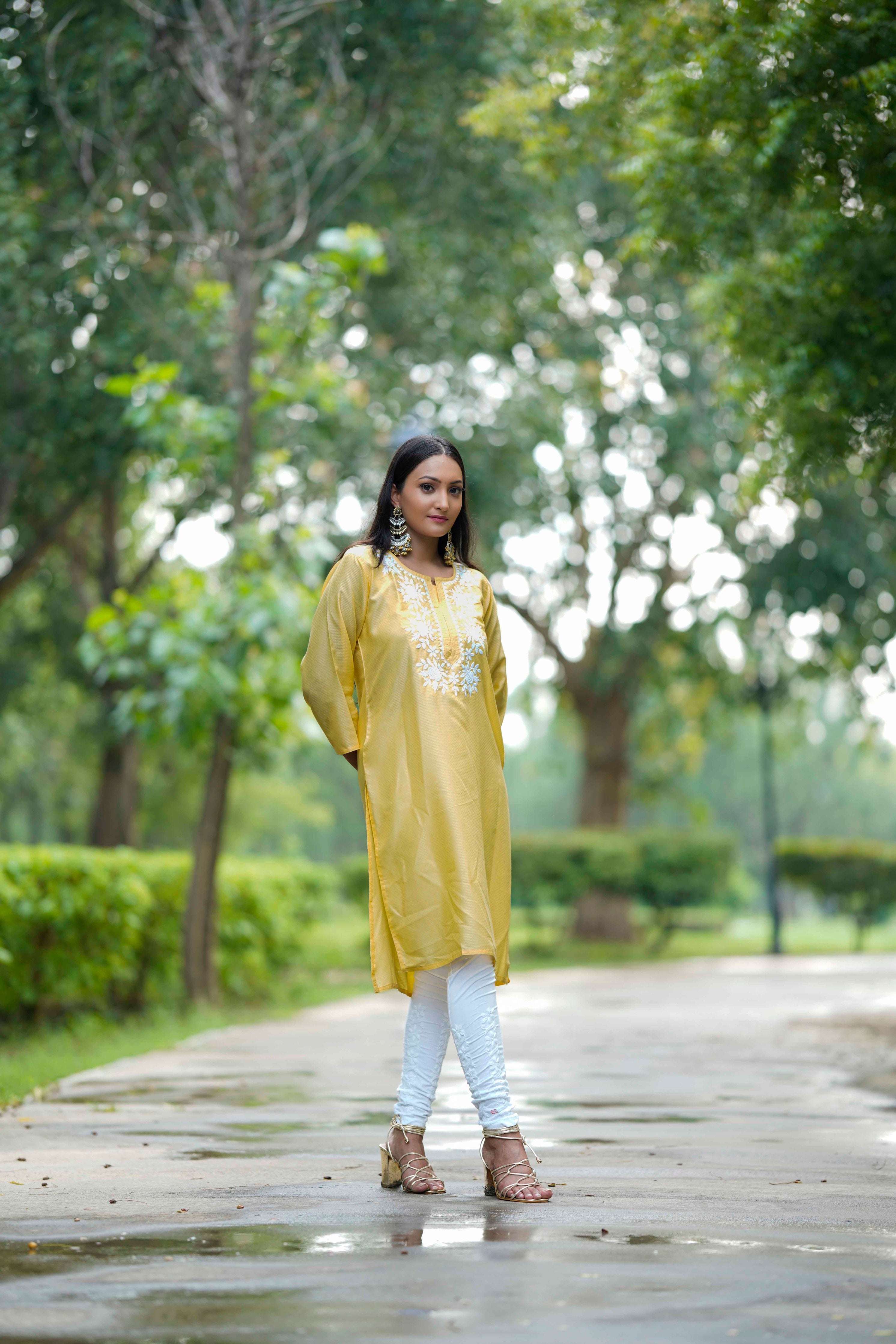 PASTEL YELLOW RAYON PURE COTTON KURTI