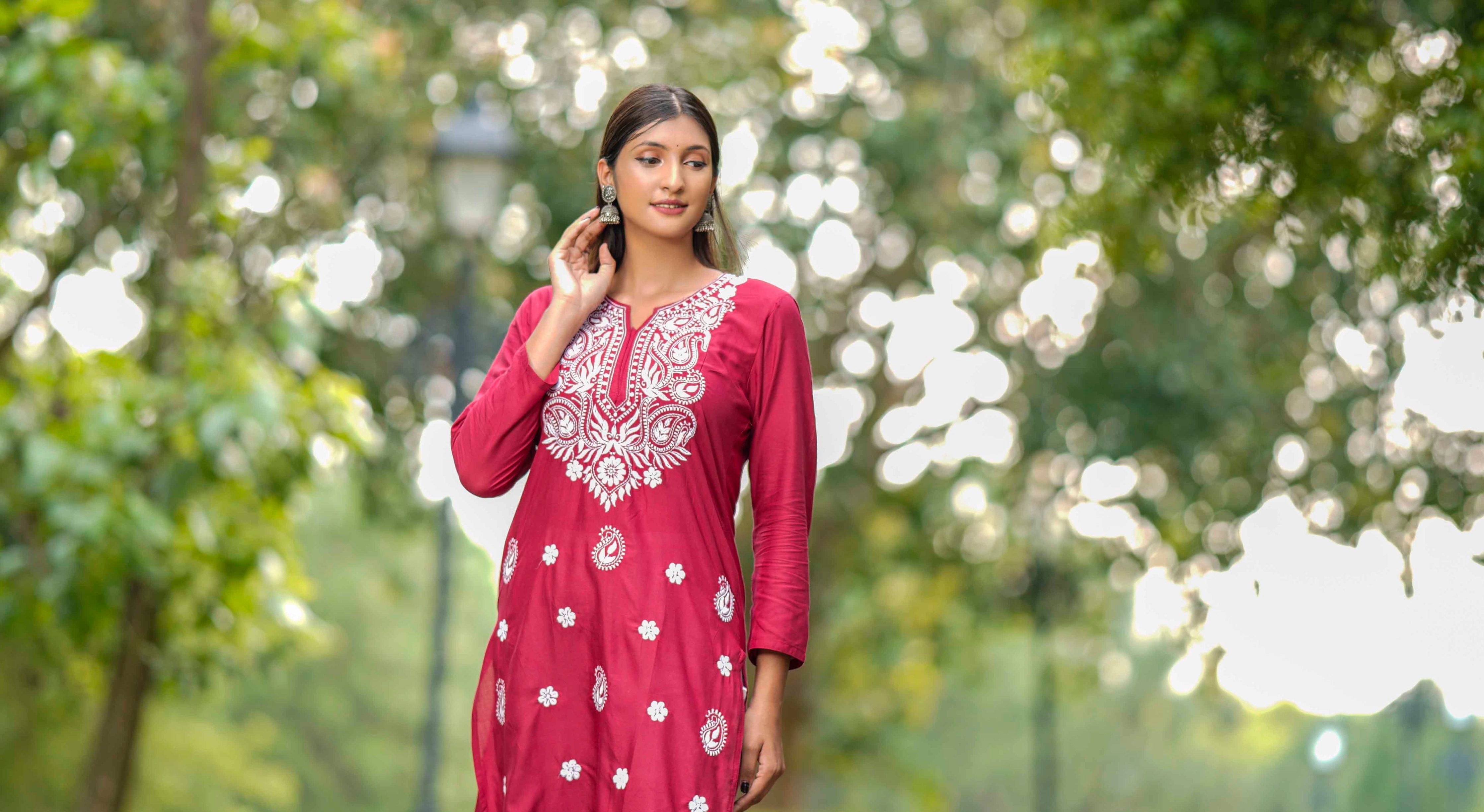 CLARET RED LUCKHNAVI CHIKANKARI Straight KURTI