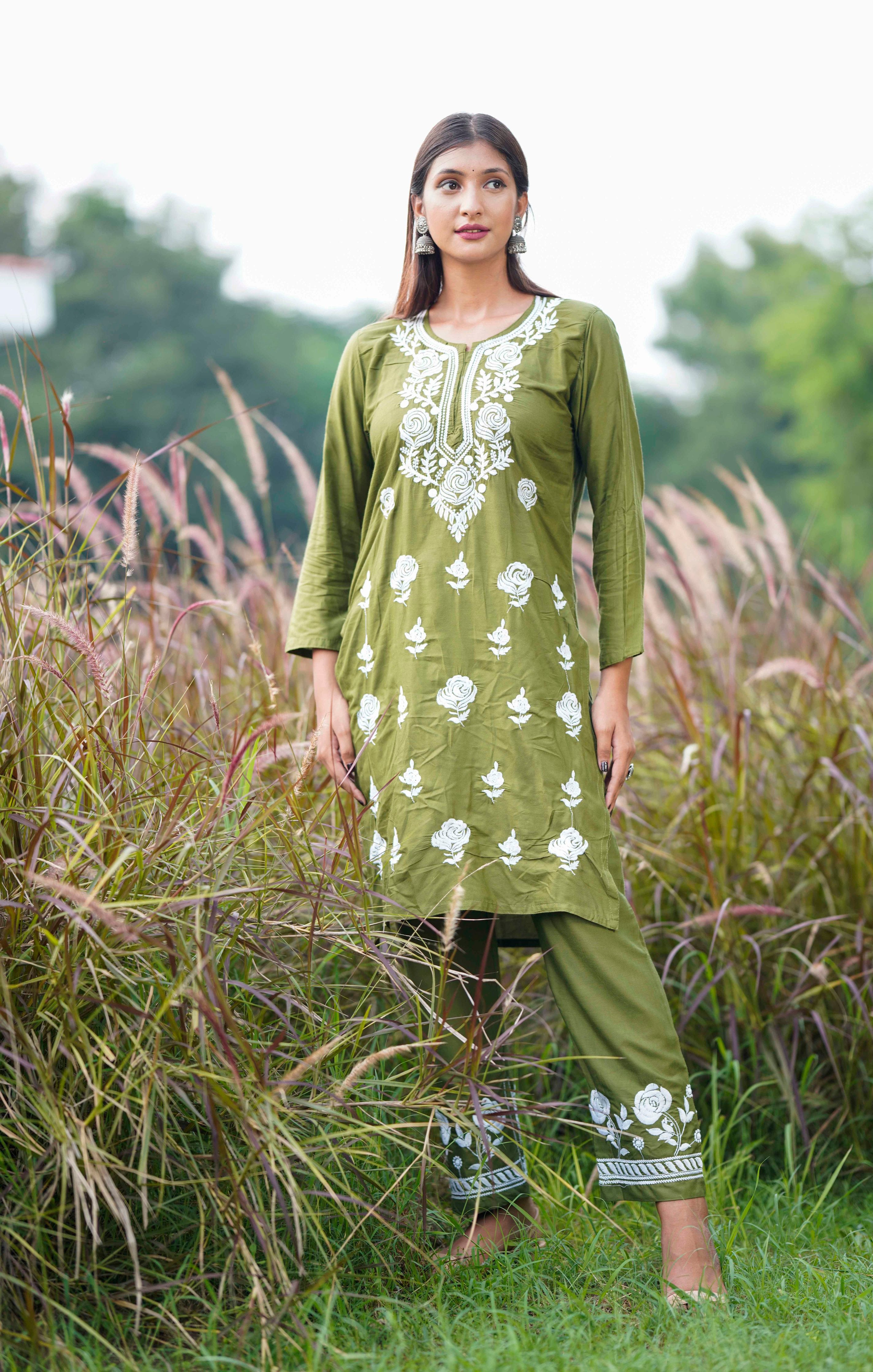 OLIVE GREEN CHIKANKARI CO-ORD SET