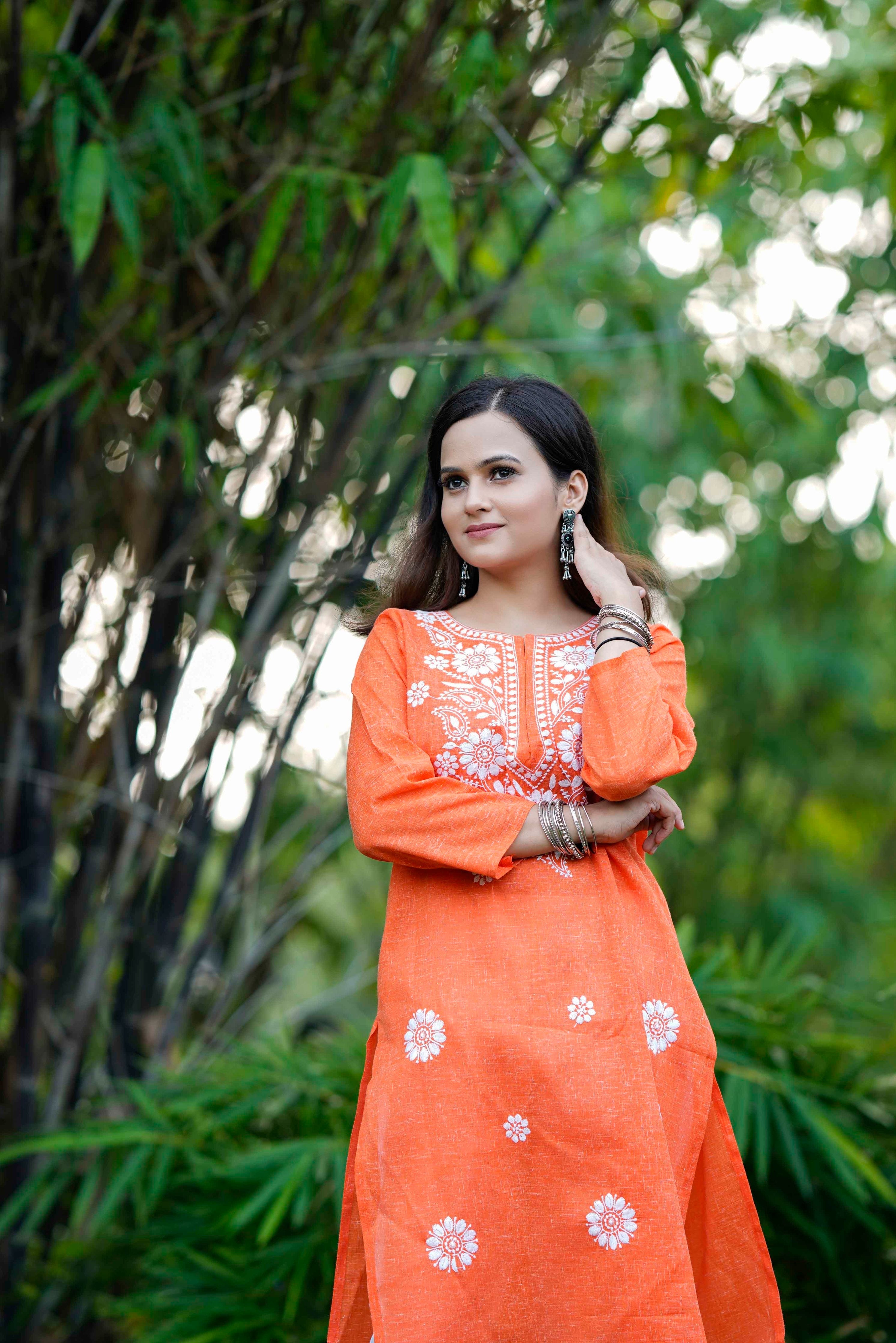 Orange & Maroon Chikankari Anarkali/Kurta Combo