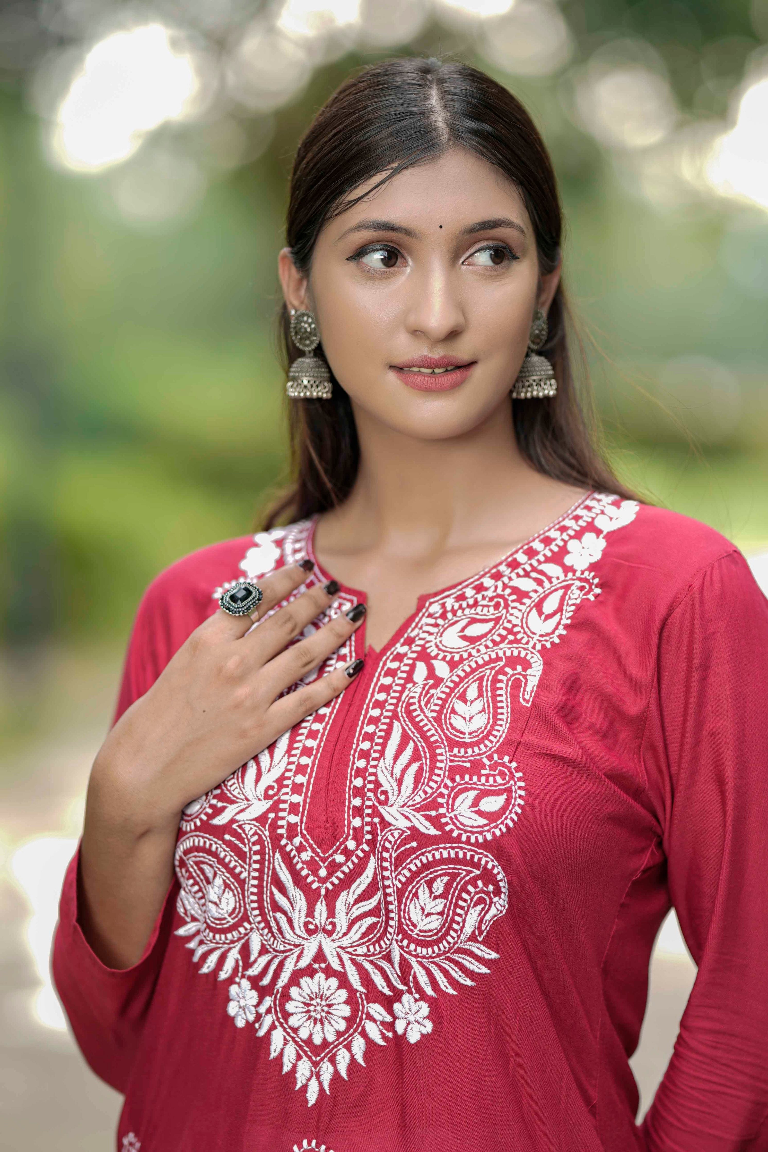 CLARET RED LUCKHNAVI CHIKANKARI Straight KURTI