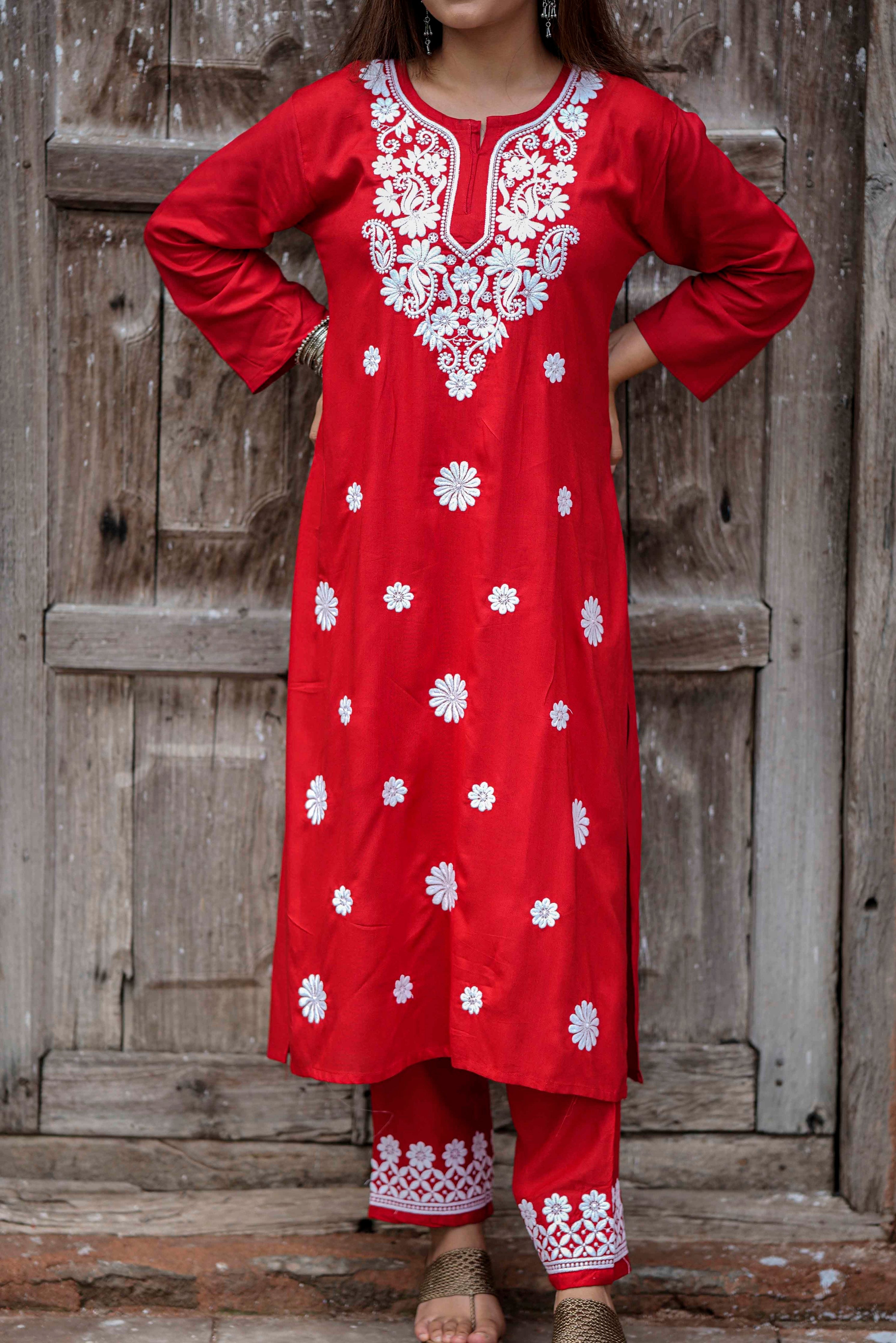 RUBY RED CHIKANKARI MODAL CO-ORD SET