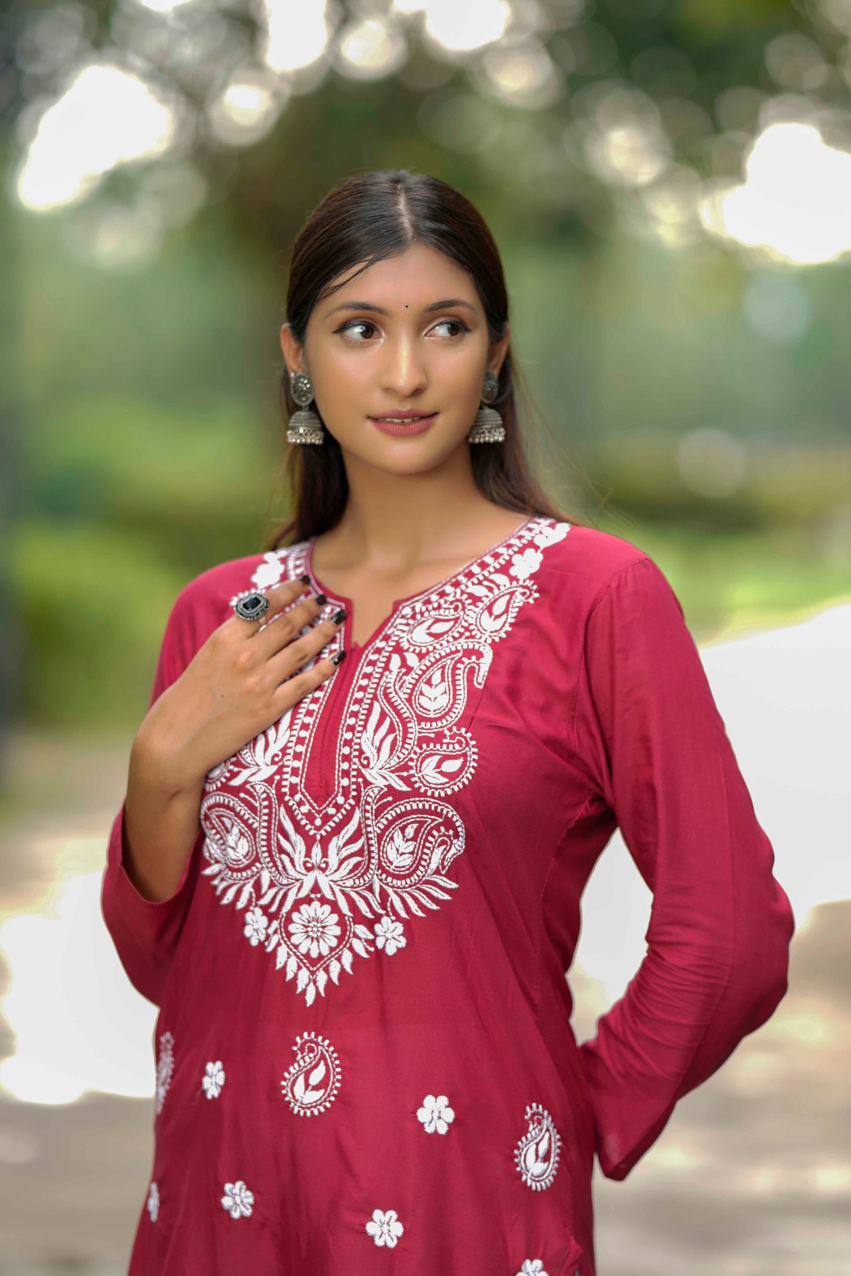 CLARET RED LUCKHNAVI CHIKANKARI Straight KURTI