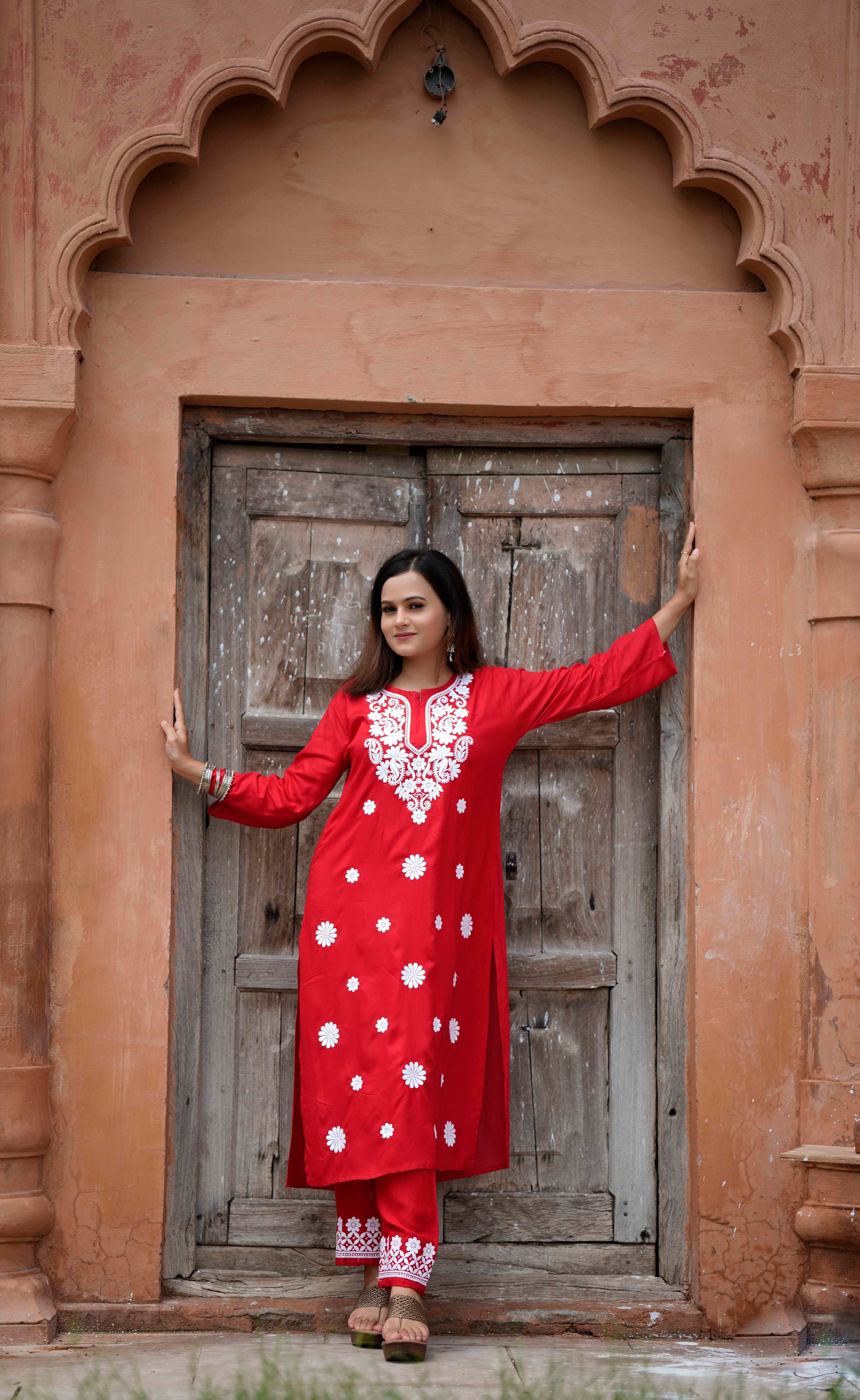 RUBY RED CHIKANKARI MODAL CO-ORD SET