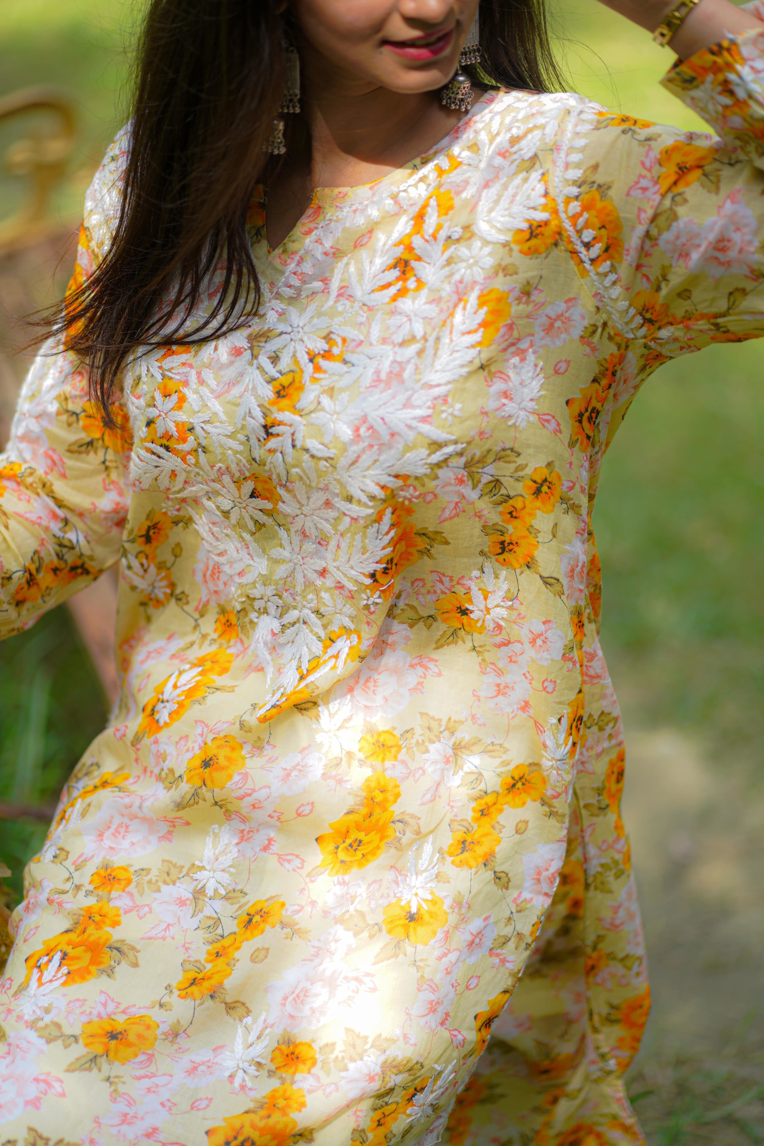 Yellow MulMul Kurta with Heavy Chikankari