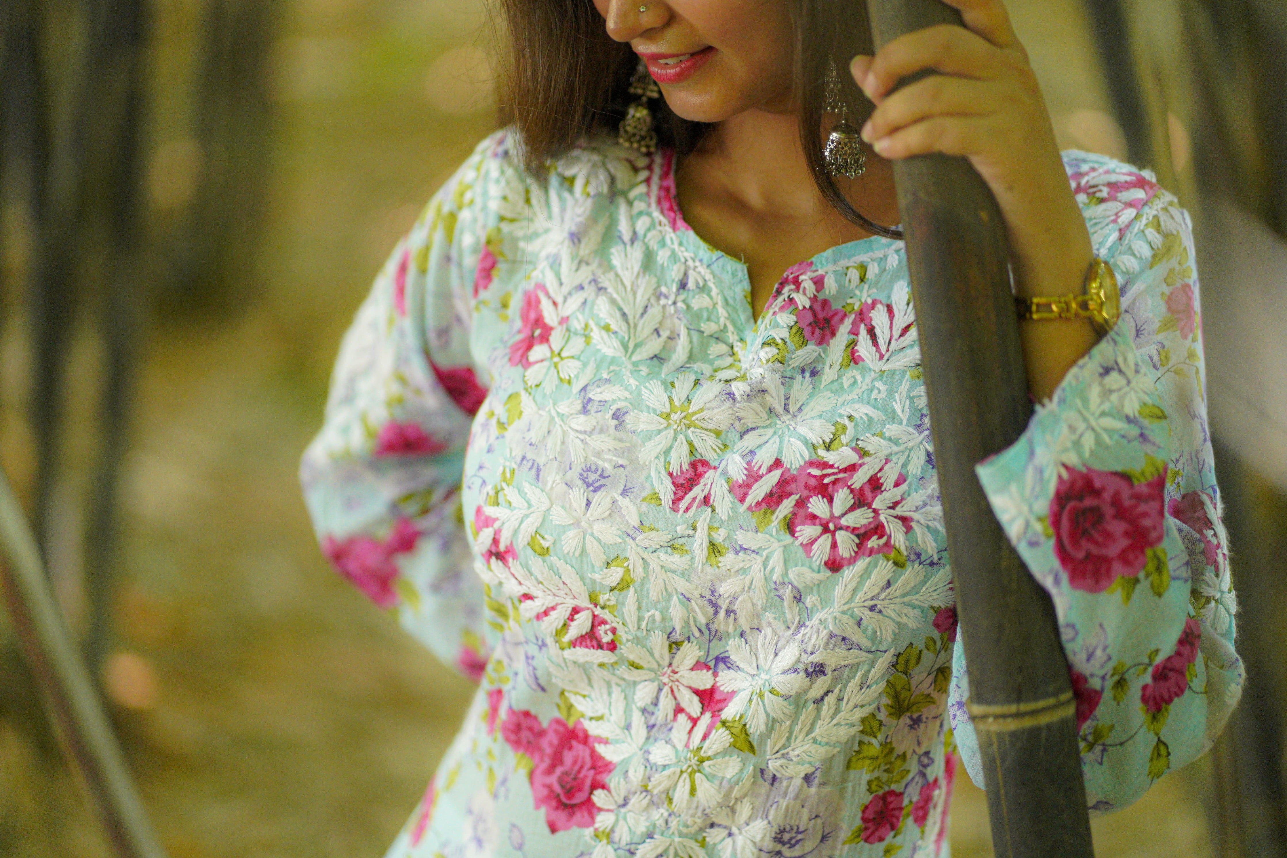 Printed MulMul Kurta with Heavy Chikankari